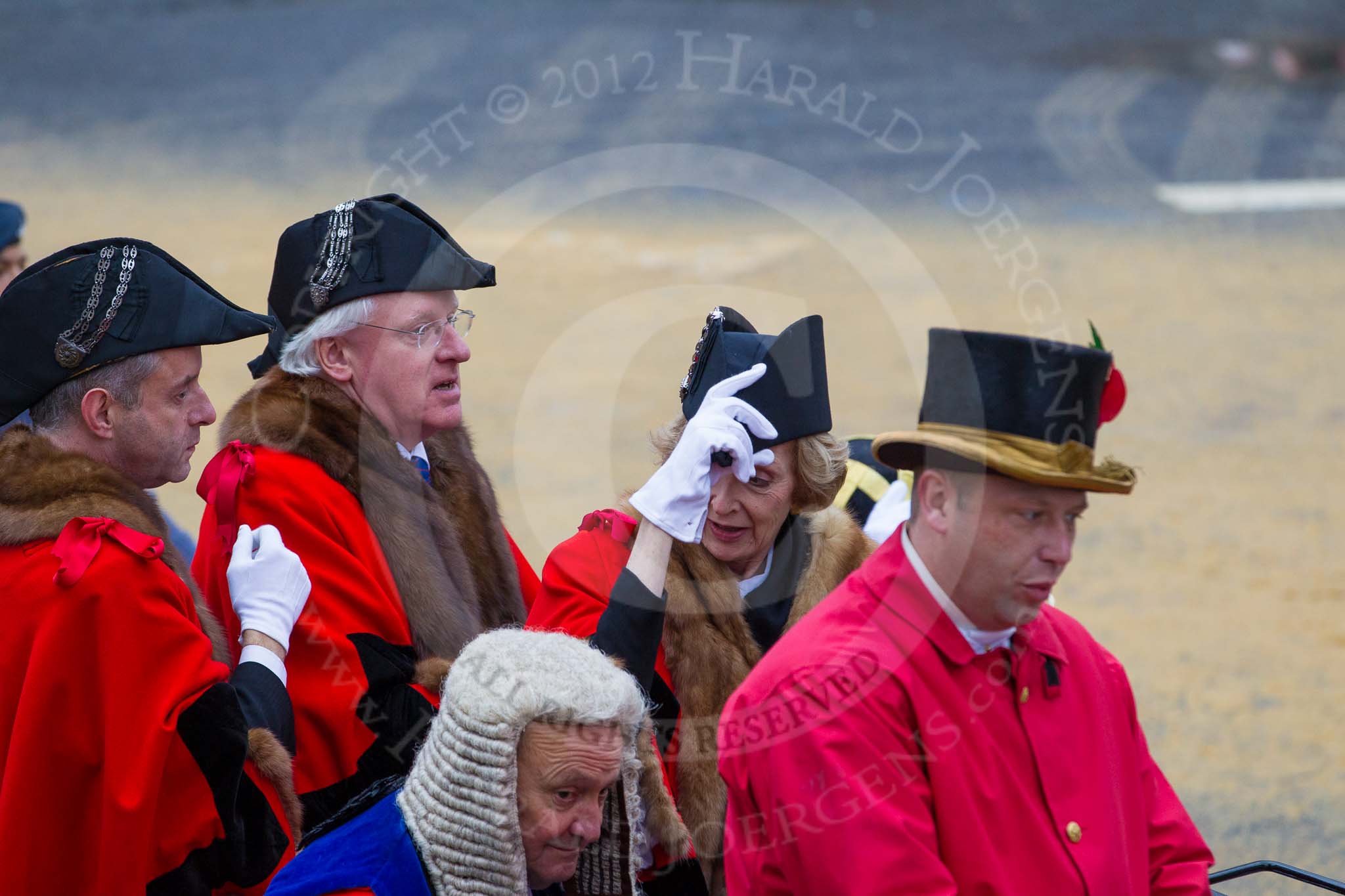 Lord Mayor's Show 2012: Entry136 - Recorder and Aldermen below the Chair. Dr Alndrew Parmley, Simon Walsh, Fiona Woolf CBE, and Judge Peter Beaumont QC..
Press stand opposite Mansion House, City of London,
London,
Greater London,
United Kingdom,
on 10 November 2012 at 12:05, image #1866