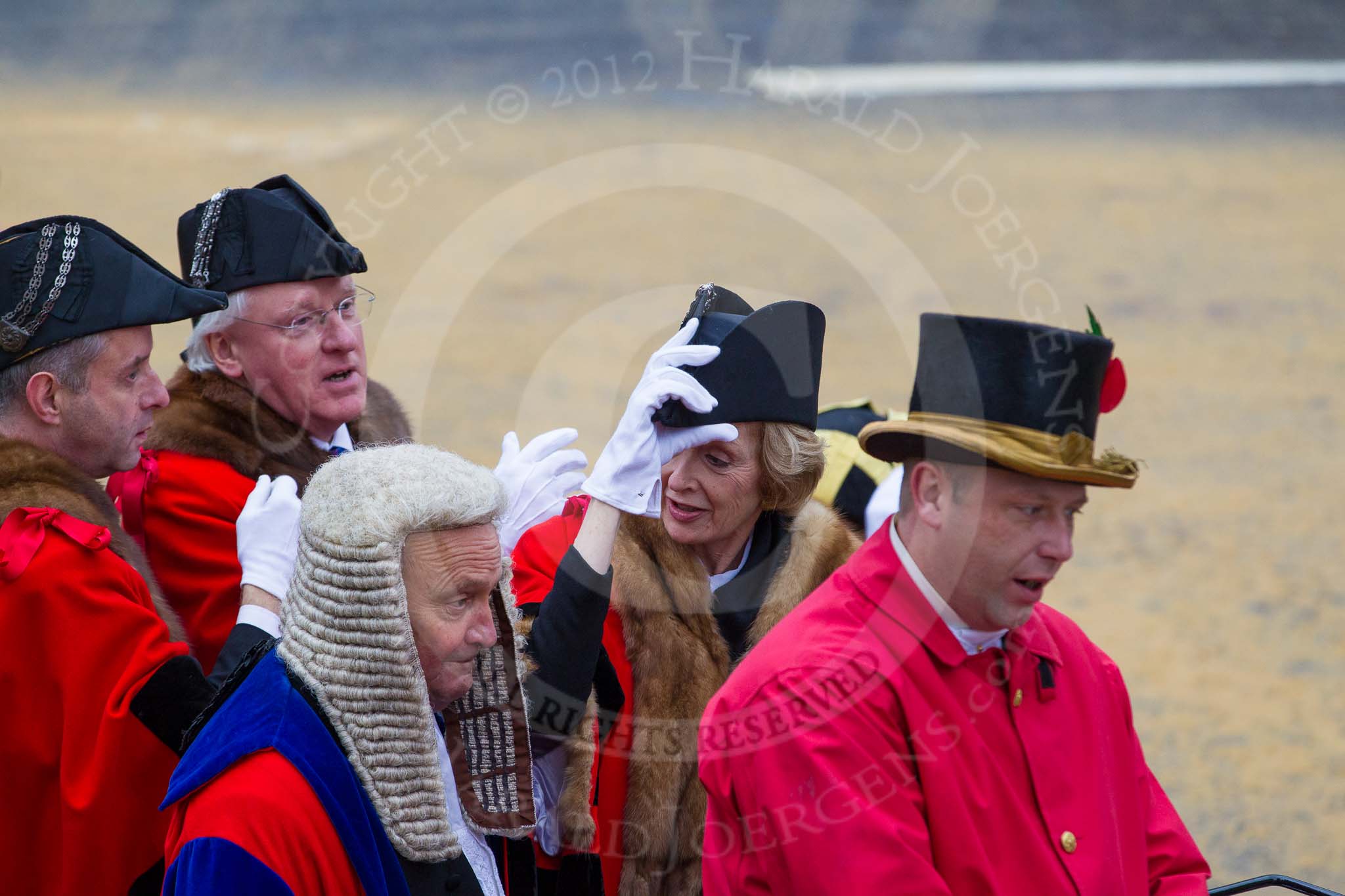 Lord Mayor's Show 2012: Entry136 - Recorder and Aldermen below the Chair. Dr Alndrew Parmley, Simon Walsh, Fiona Woolf CBE, and Judge Peter Beaumont QC..
Press stand opposite Mansion House, City of London,
London,
Greater London,
United Kingdom,
on 10 November 2012 at 12:05, image #1867