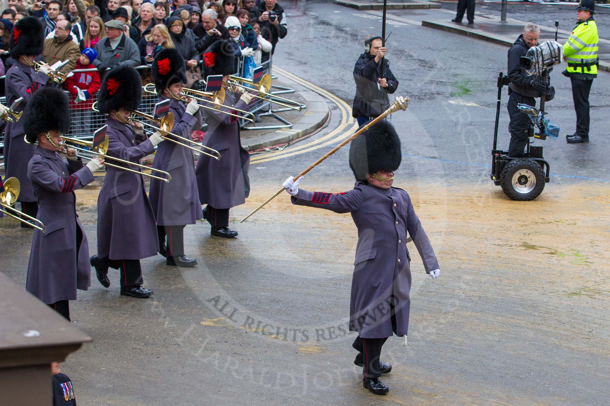 Lord Mayor's Show 2012: Entry 139 - The Band of the Coldstream Guards, lead by Senior Drum Major Ben Roberts, Coldstream Guards..
Press stand opposite Mansion House, City of London,
London,
Greater London,
United Kingdom,
on 10 November 2012 at 12:06, image #1881