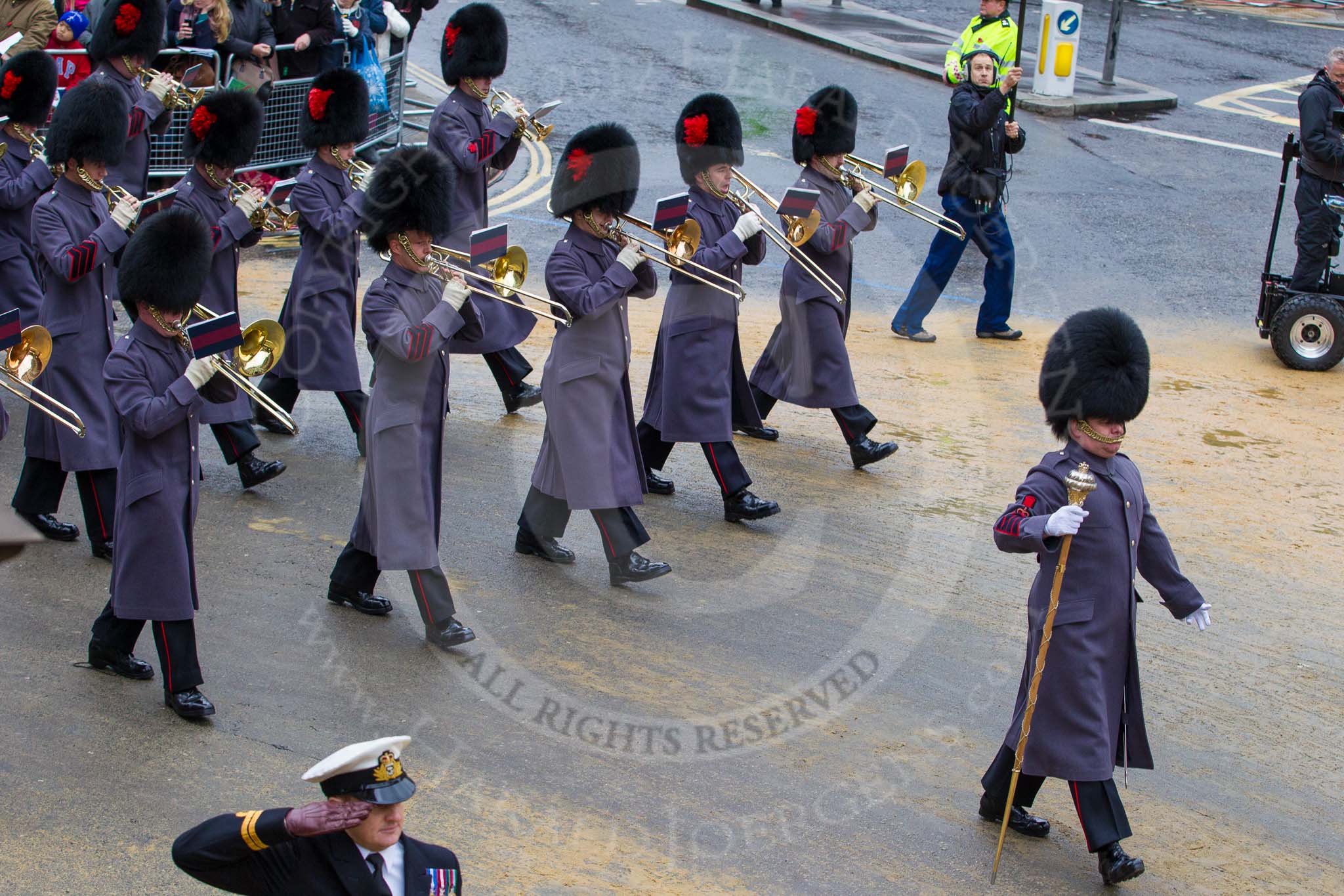 Lord Mayor's Show 2012: Entry 139 - The Band of the Coldstream Guards, lead by Senior Drum Major Ben Roberts, Coldstream Guards..
Press stand opposite Mansion House, City of London,
London,
Greater London,
United Kingdom,
on 10 November 2012 at 12:06, image #1882