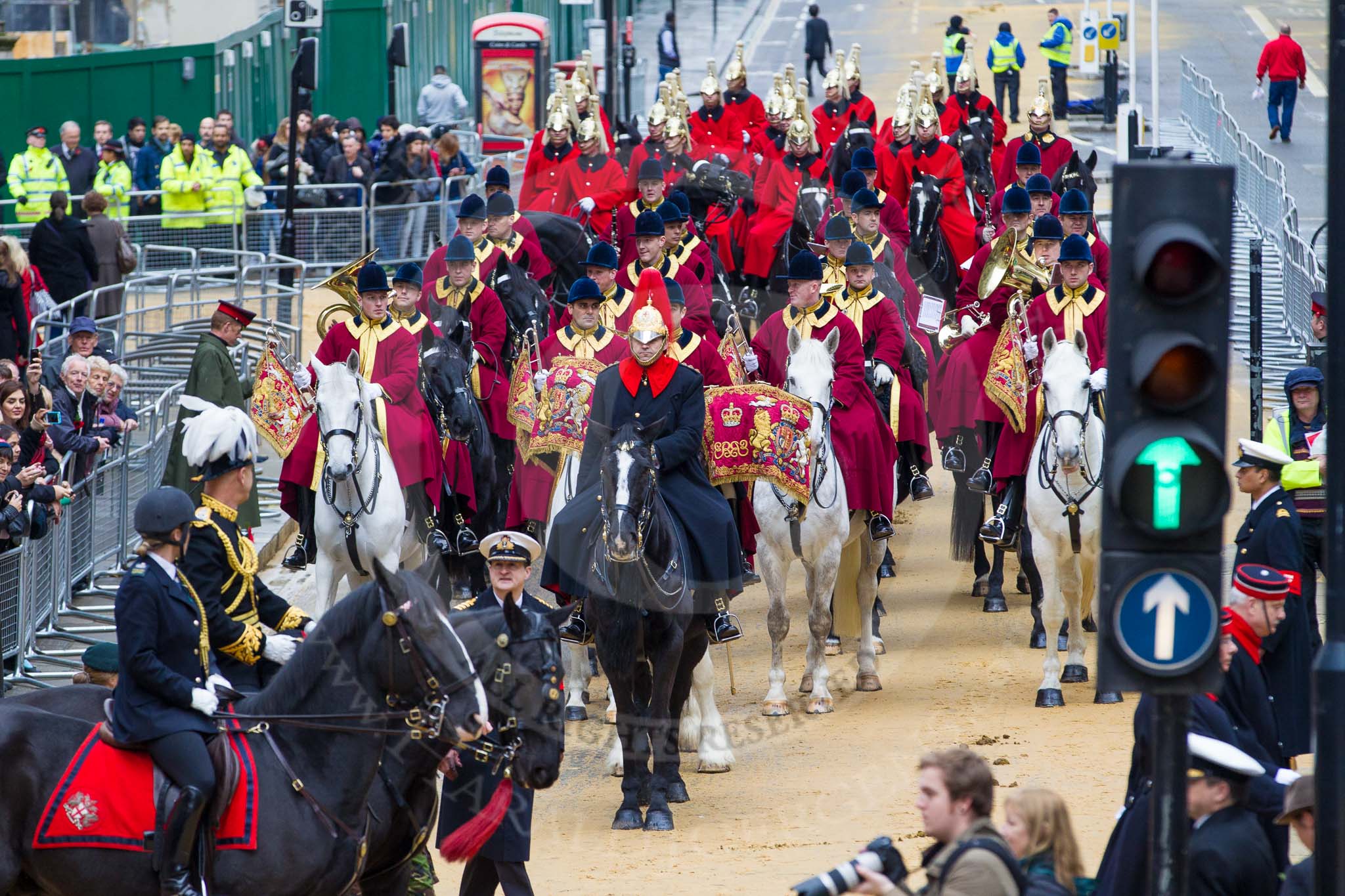 Lord Mayor's Show 2012: Entry 147 - Household Cavalry Mounted Regiment, with the four trumpeters behind the Director of Music..
Press stand opposite Mansion House, City of London,
London,
Greater London,
United Kingdom,
on 10 November 2012 at 12:09, image #1914