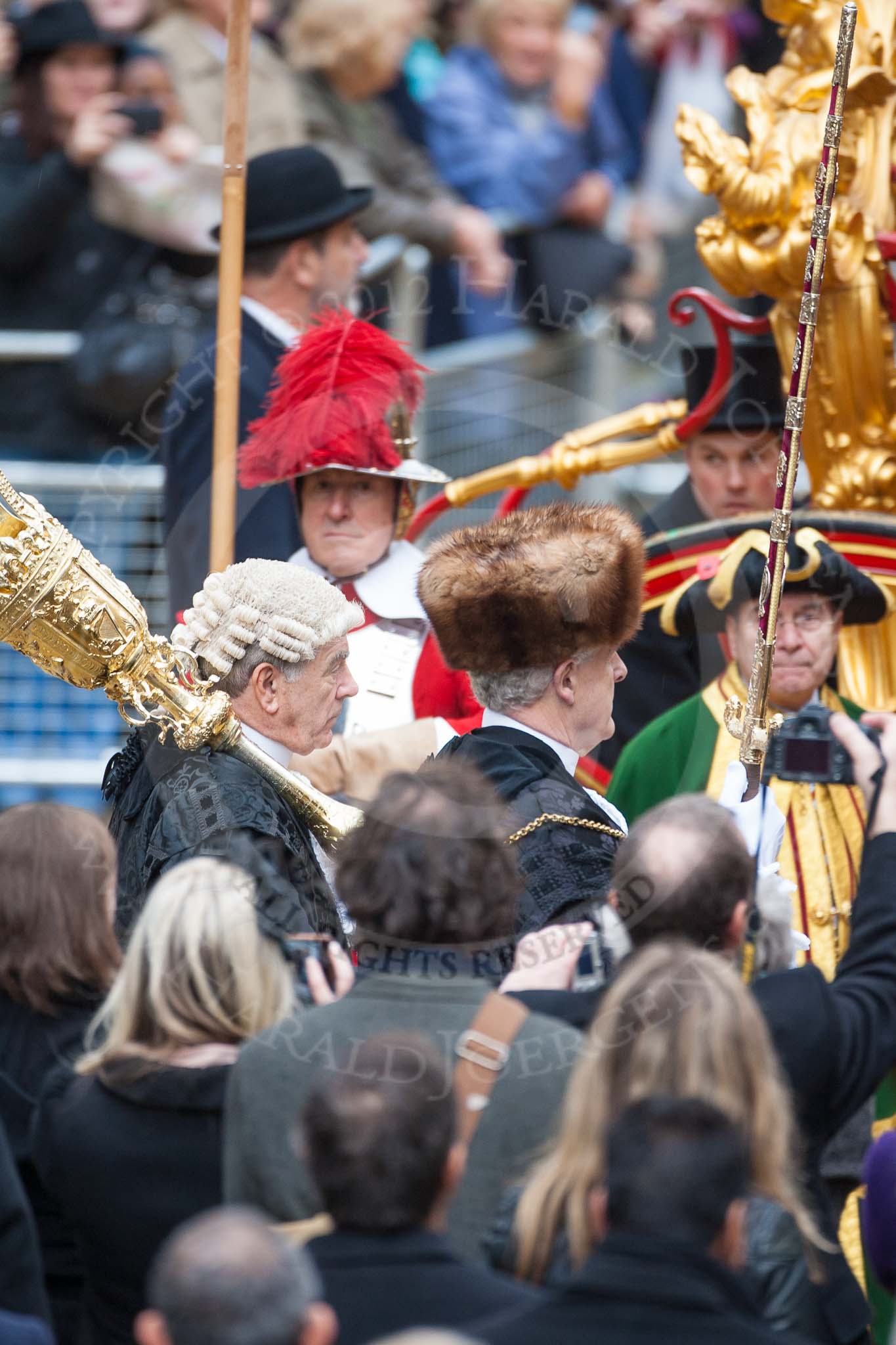 Lord Mayor's Show 2012: Entry 149 - The Rt Hon The Lord Mayor of London, Alderman Roger Gifford, here his Sword Bearer, Col. Richard Martin, and Serjant-at-Arms, Col Geoffrey Godbold..
Press stand opposite Mansion House, City of London,
London,
Greater London,
United Kingdom,
on 10 November 2012 at 12:11, image #1929