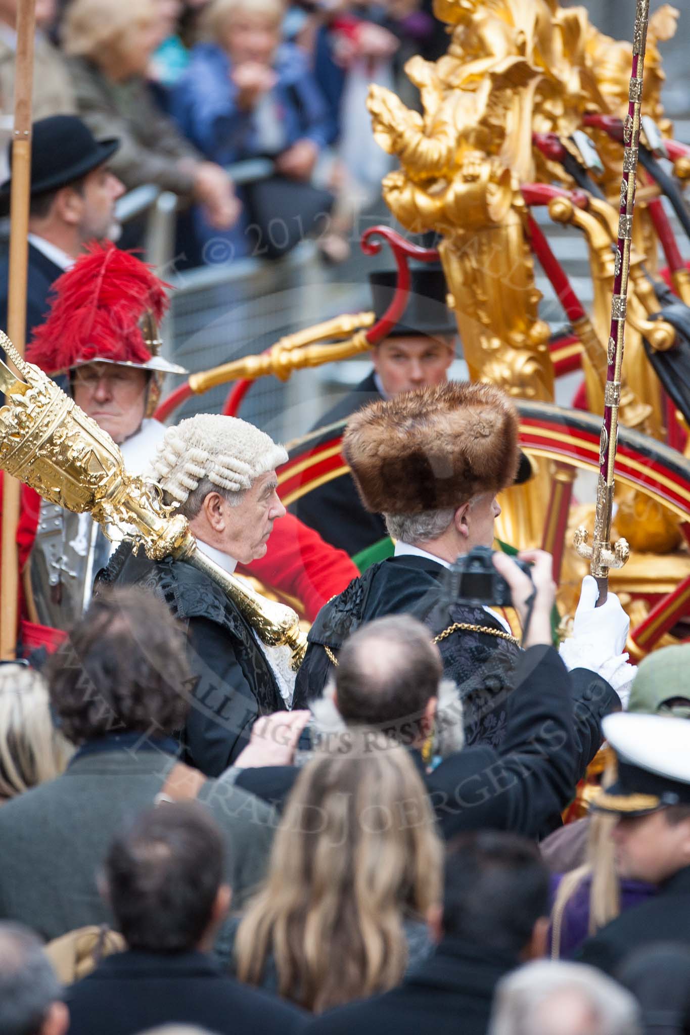 Lord Mayor's Show 2012: Entry 149 - The Rt Hon The Lord Mayor of London, Alderman Roger Gifford, here his Sword Bearer, Col. Richard Martin, and Serjant-at-Arms, Col Geoffrey Godbold..
Press stand opposite Mansion House, City of London,
London,
Greater London,
United Kingdom,
on 10 November 2012 at 12:11, image #1930