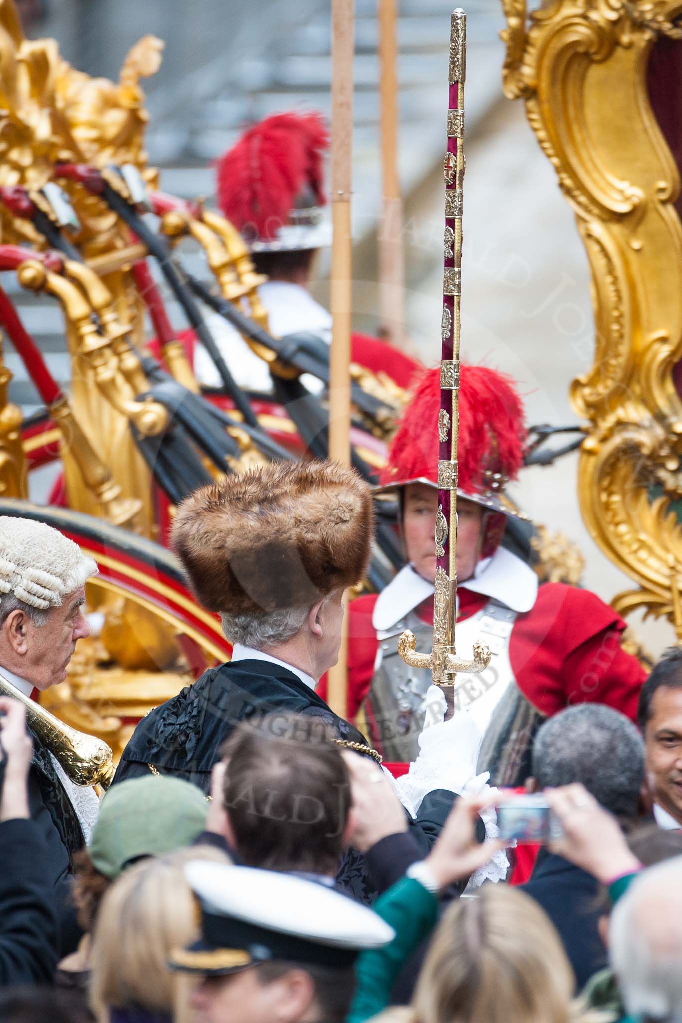 Lord Mayor's Show 2012: Entry 149 - The Rt Hon The Lord Mayor of London, Alderman Roger Gifford, here his Sword Bearer, Col. Richard Martin, and Serjant-at-Arms, Col Geoffrey Godbold..
Press stand opposite Mansion House, City of London,
London,
Greater London,
United Kingdom,
on 10 November 2012 at 12:11, image #1932