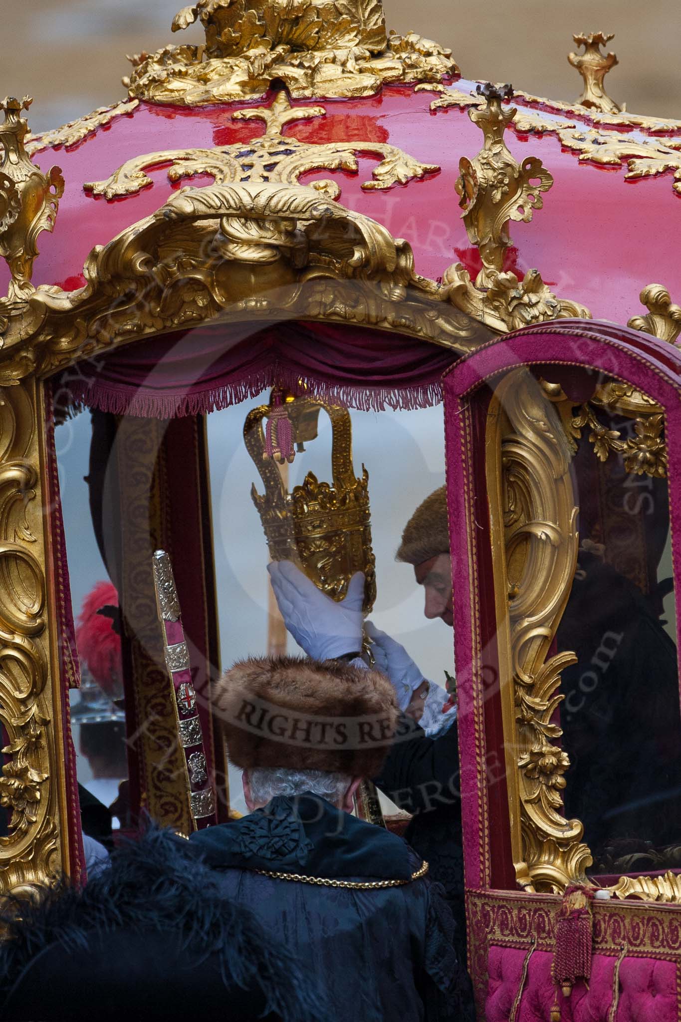 Lord Mayor's Show 2012: Entry 149 - The Rt Hon The Lord Mayor of London, Alderman Roger Gifford, here his Sword Bearer, Col. Richard Martin, and Serjant-at-Arms, Col Geoffrey Godbold..
Press stand opposite Mansion House, City of London,
London,
Greater London,
United Kingdom,
on 10 November 2012 at 12:11, image #1938