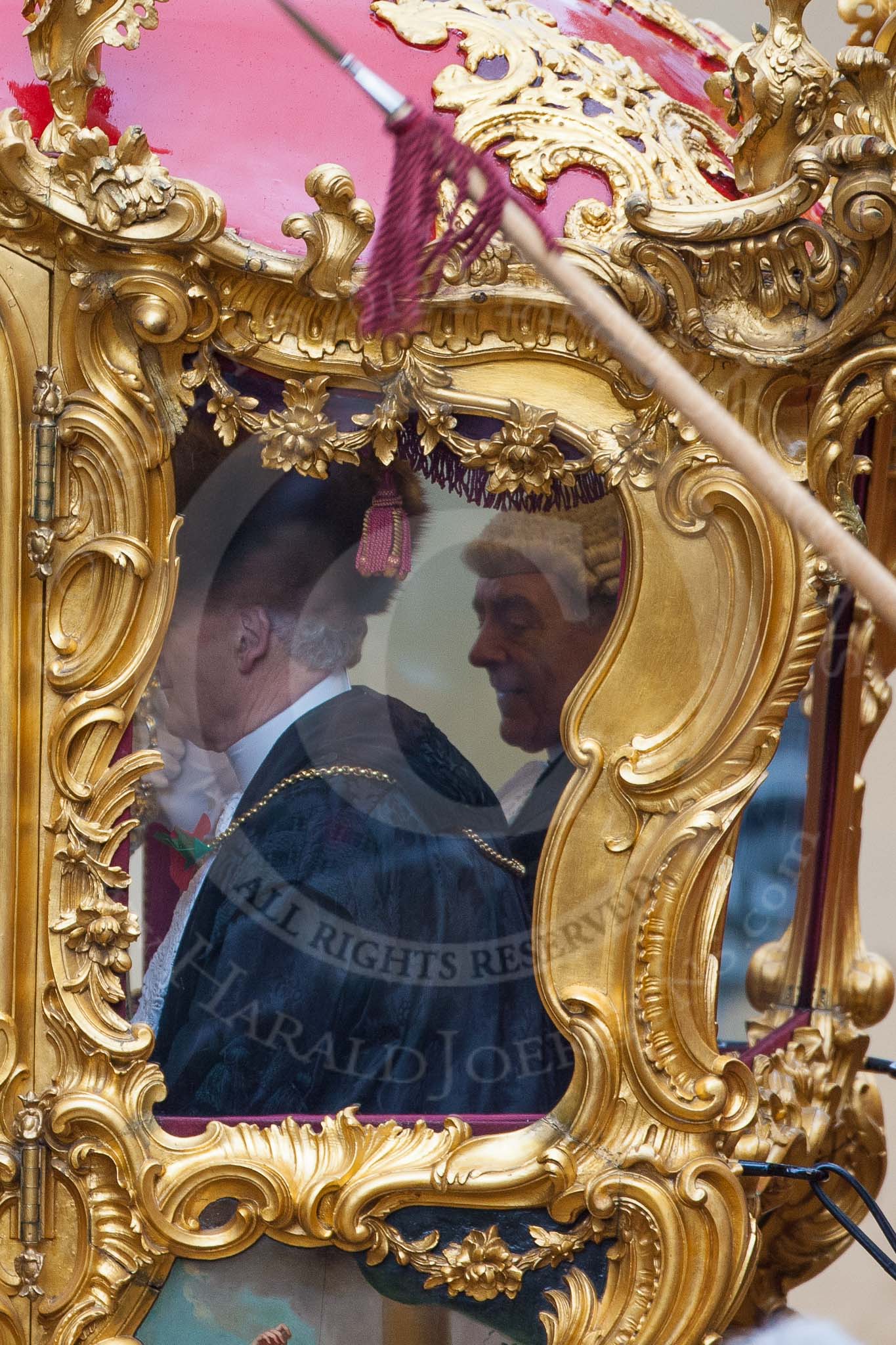 Lord Mayor's Show 2012: Entry 149 - The Rt Hon The Lord Mayor of London, Alderman Roger Gifford, here his Sword Bearer, Col. Richard Martin, and Serjant-at-Arms, Col Geoffrey Godbold..
Press stand opposite Mansion House, City of London,
London,
Greater London,
United Kingdom,
on 10 November 2012 at 12:11, image #1940