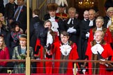 Lord Mayor's Show 2012: The new Lord Mayor, Alderman Roger Gifford, and the outgoing Lord Mayor, Alderman David Wootton. Behind, on the left, the Aldermanic Sheriff, Jeffrey Evans, and on the right the Non-Aldermanic Sheriff, Nigel Pullman..
Press stand opposite Mansion House, City of London,
London,
Greater London,
United Kingdom,
on 10 November 2012 at 10:58, image #169