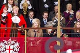 Lord Mayor's Show 2012: The outgoing Lord Mayor, David Wootton, the outgoing Lady Mayoress, Liz Wootton, Sophie Wootton, and James and Christopher Wootton behind..
Press stand opposite Mansion House, City of London,
London,
Greater London,
United Kingdom,
on 10 November 2012 at 11:02, image #215