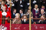 Lord Mayor's Show 2012: The outgoing Lord Mayor, David Wootton, the outgoing Lady Mayoress, Liz Wootton, Sophie Wootton, and James and Christopher Wootton behind..
Press stand opposite Mansion House, City of London,
London,
Greater London,
United Kingdom,
on 10 November 2012 at 11:06, image #295