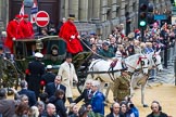 Lord Mayor's Show 2012: Entry 142 - Late Lord Mayor, Alderman and Mrs David Wootton, with the Chaplain Andrew Walker, escorted by four Yeoman Warders and cadets of 1475 (Dulwich) Squadron. Two Dogget's Coat and Badge men stand on the rear of the carriage..
Press stand opposite Mansion House, City of London,
London,
Greater London,
United Kingdom,
on 10 November 2012 at 12:07, image #1903