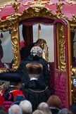 Lord Mayor's Show 2012: The Chaplin, the Sergeant of Arms, and the Sword Bearer, getting into the State Coach..
Press stand opposite Mansion House, City of London,
London,
Greater London,
United Kingdom,
on 10 November 2012 at 12:11, image #1936