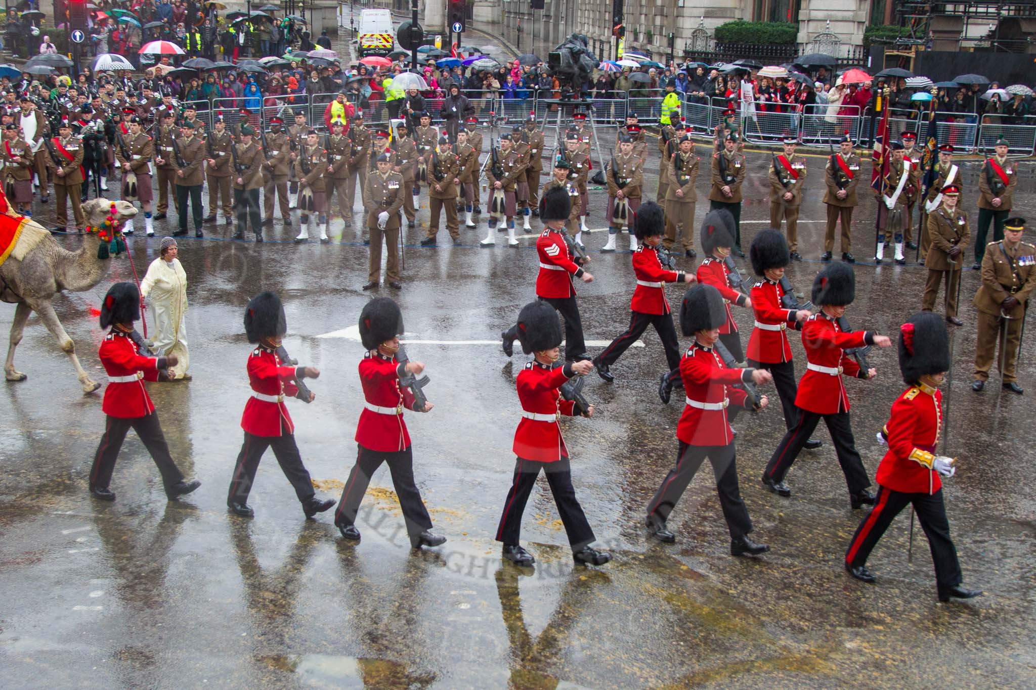 Lord Mayor's Show 2013: 6-Worshipful Company of Grocers- The Spice of Life, represented by the Coldstream Guards, G Company 7th Rifles..
Press stand opposite Mansion House, City of London,
London,
Greater London,
United Kingdom,
on 09 November 2013 at 11:02, image #169