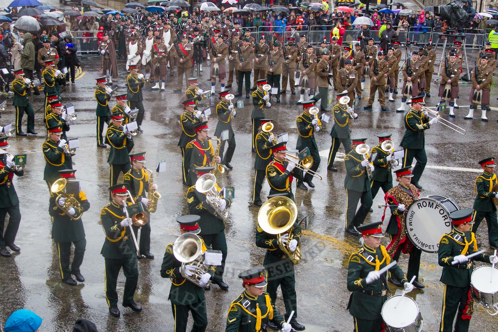 Lord Mayor's Show 2013: 8-Romford Drum & Trumpet Corps has been performing in the Lord Mayor's Show since 1974..
Press stand opposite Mansion House, City of London,
London,
Greater London,
United Kingdom,
on 09 November 2013 at 11:03, image #205