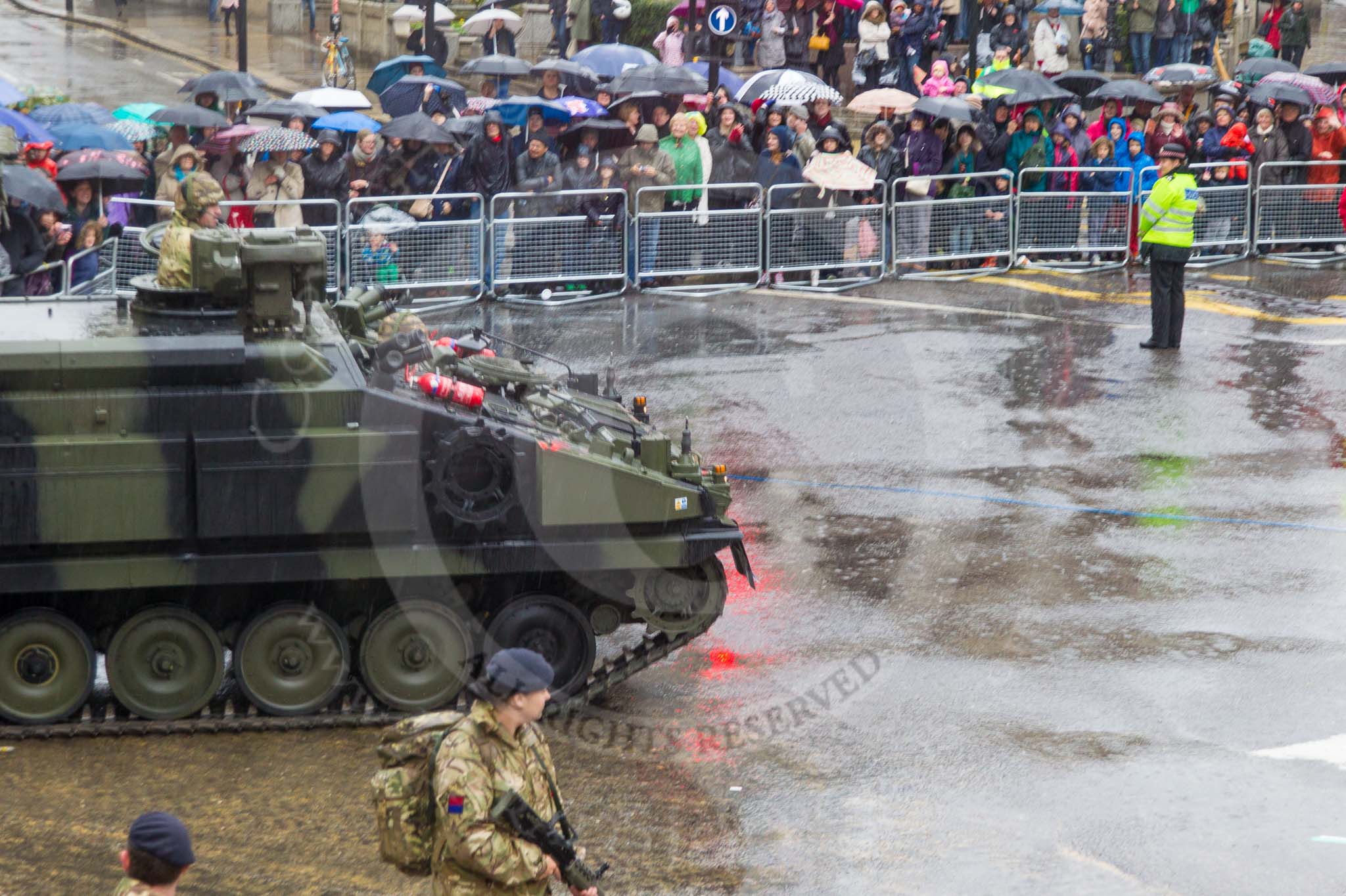 Lord Mayor's Show 2013: 32-265 Battery, 106 Regiment Royal Artillery- provides highly trained reserves , it is only army reserve unit operating missile lunchers..
Press stand opposite Mansion House, City of London,
London,
Greater London,
United Kingdom,
on 09 November 2013 at 11:17, image #422