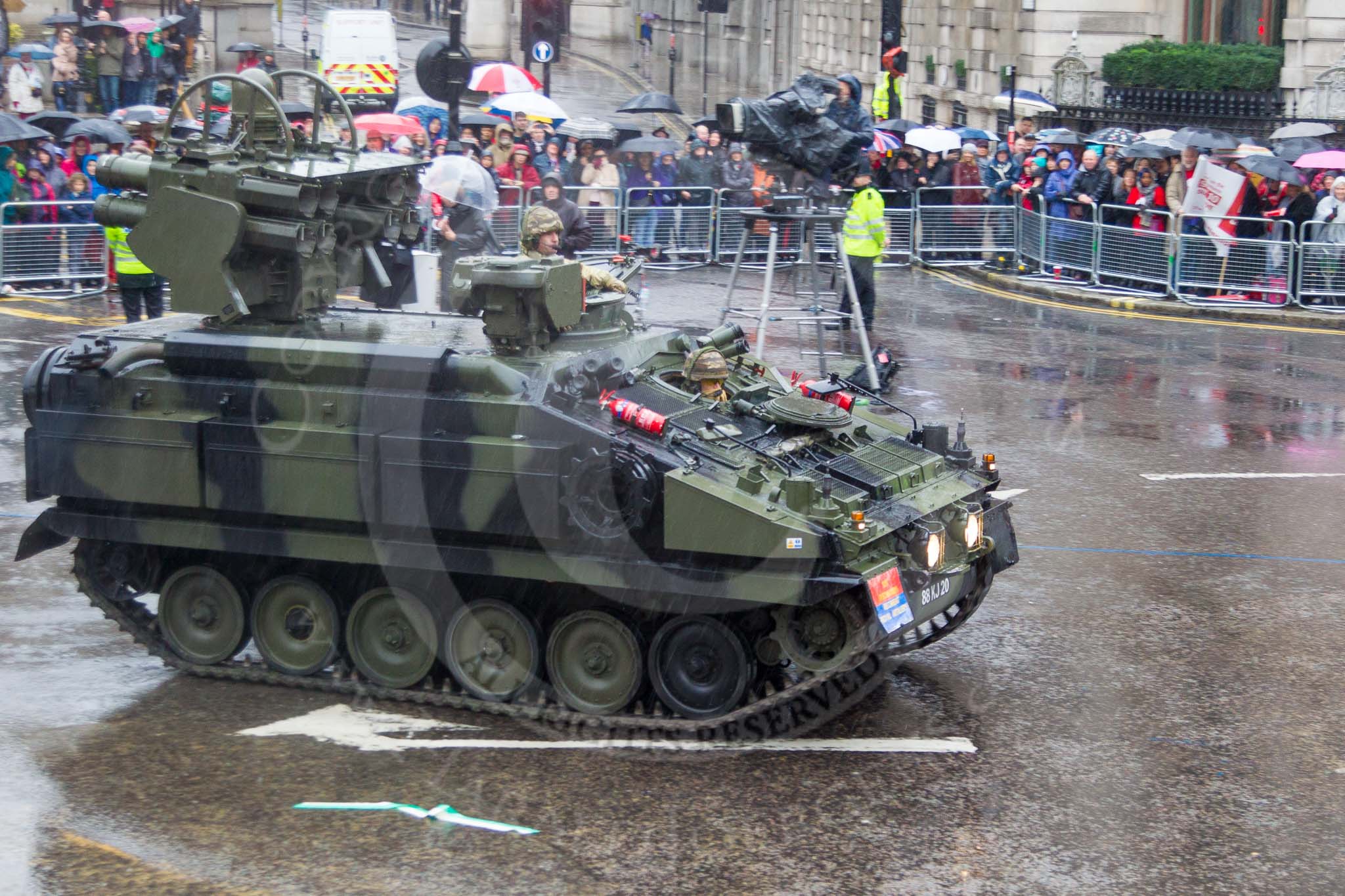 Lord Mayor's Show 2013: 32-265 Battery, 106 Regiment Royal Artillery- provides highly trained reserves , it is only army reserve unit operating missile lunchers..
Press stand opposite Mansion House, City of London,
London,
Greater London,
United Kingdom,
on 09 November 2013 at 11:17, image #424