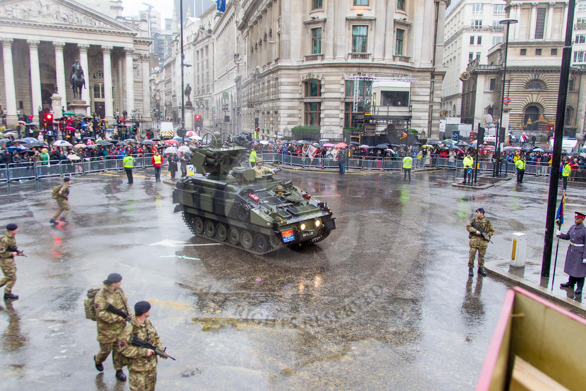 Lord Mayor's Show 2013: 32-265 Battery, 106 Regiment Royal Artillery- provides highly trained reserves , it is only army reserve unit operating missile lunchers..
Press stand opposite Mansion House, City of London,
London,
Greater London,
United Kingdom,
on 09 November 2013 at 11:17, image #425