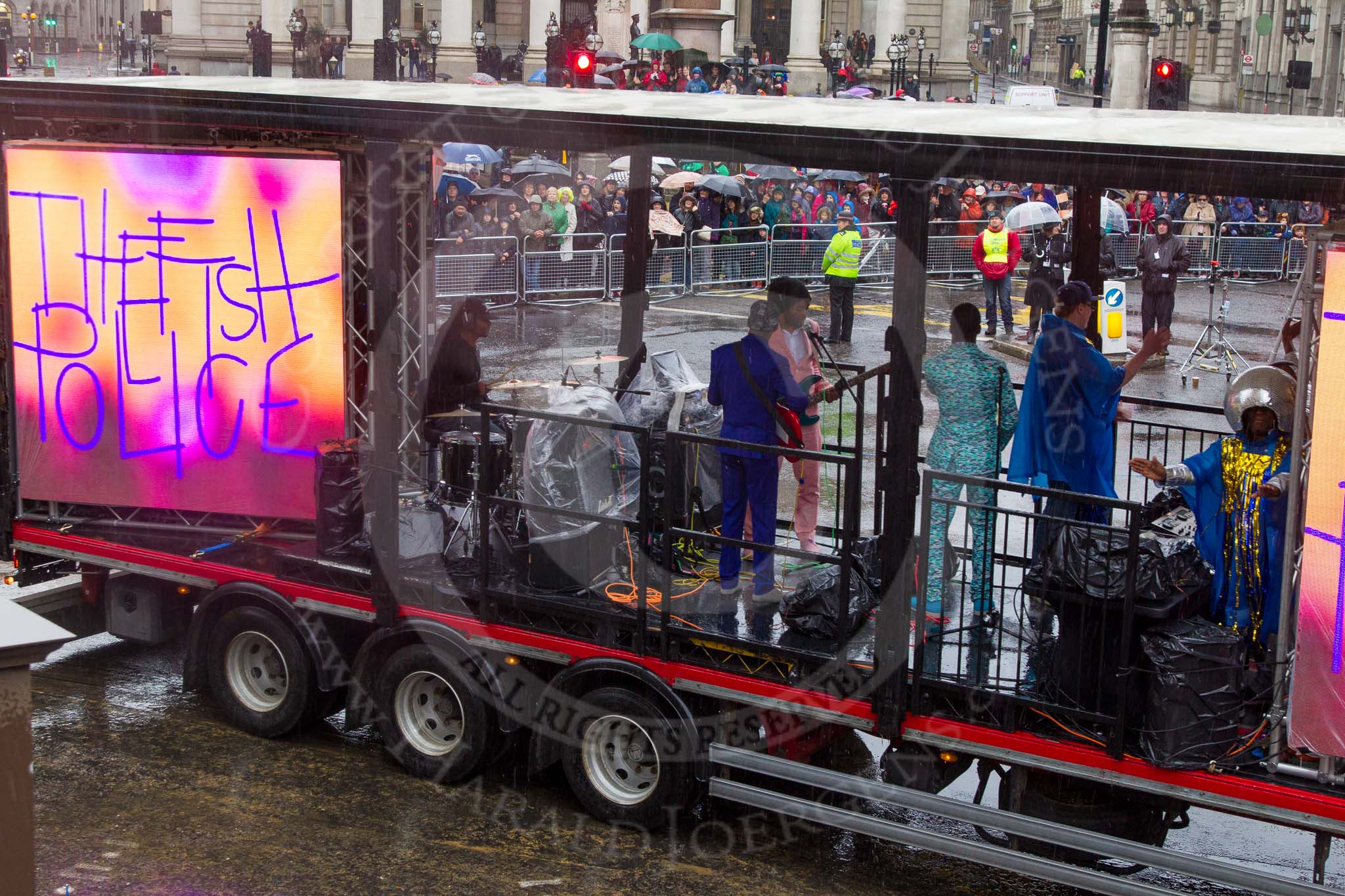 Lord Mayor's Show 2013: 44-City Bridge Trust Working with the Heart N Soul- Fish Police is performing their own brand of electronic future pop muisc while Heart N Soul DJs provide the beats..
Press stand opposite Mansion House, City of London,
London,
Greater London,
United Kingdom,
on 09 November 2013 at 11:24, image #566