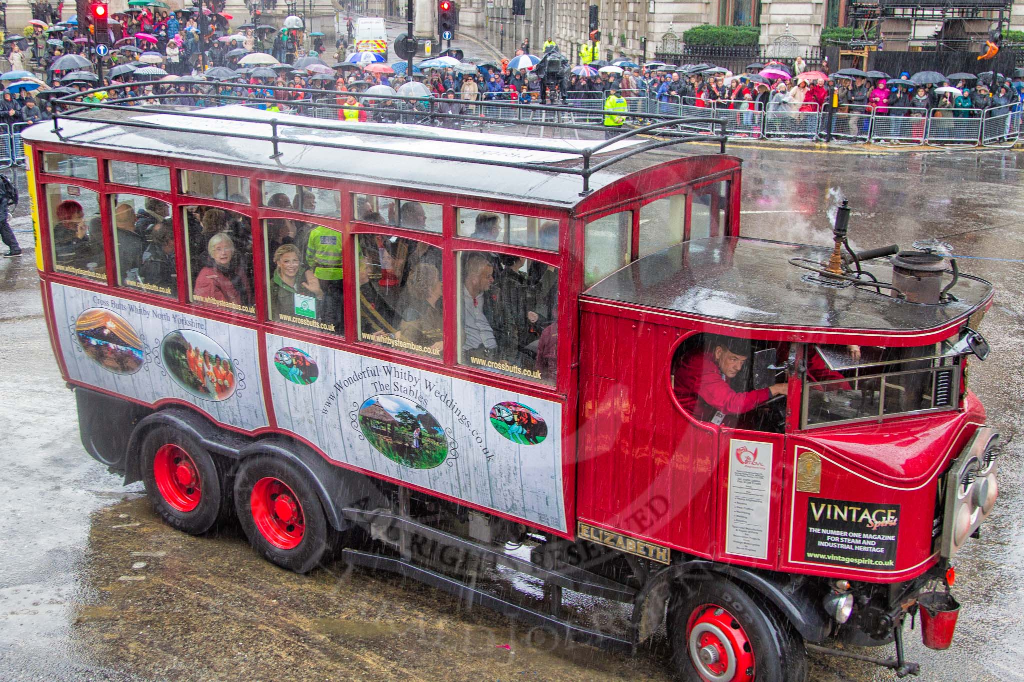 Lord Mayor's Show 2013: 53-Elizabeth the Whitby Steam Bus- travelling down from her Whitby home, which is also the home of Wonderful Whitby Weddings..
Press stand opposite Mansion House, City of London,
London,
Greater London,
United Kingdom,
on 09 November 2013 at 11:29, image #692