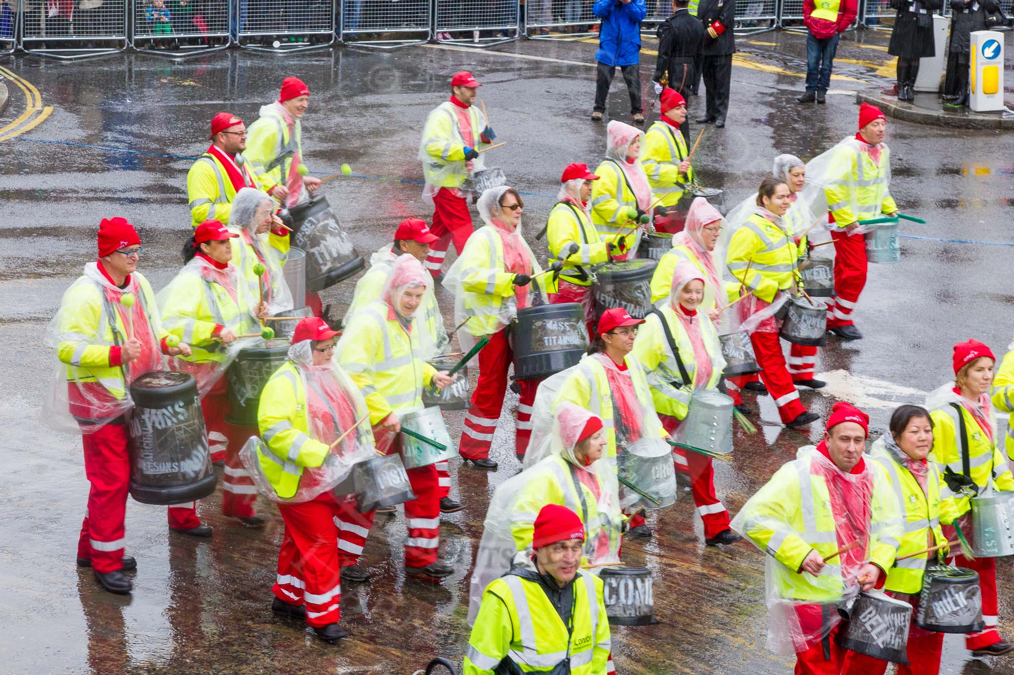 Lord Mayor's Show 2013: 59-Recycling in the City- The Binbot is joined again by his drumming street sweepers to celebrate 20th anniversary of the City's unique Clean City Awards scheme..
Press stand opposite Mansion House, City of London,
London,
Greater London,
United Kingdom,
on 09 November 2013 at 11:31, image #737