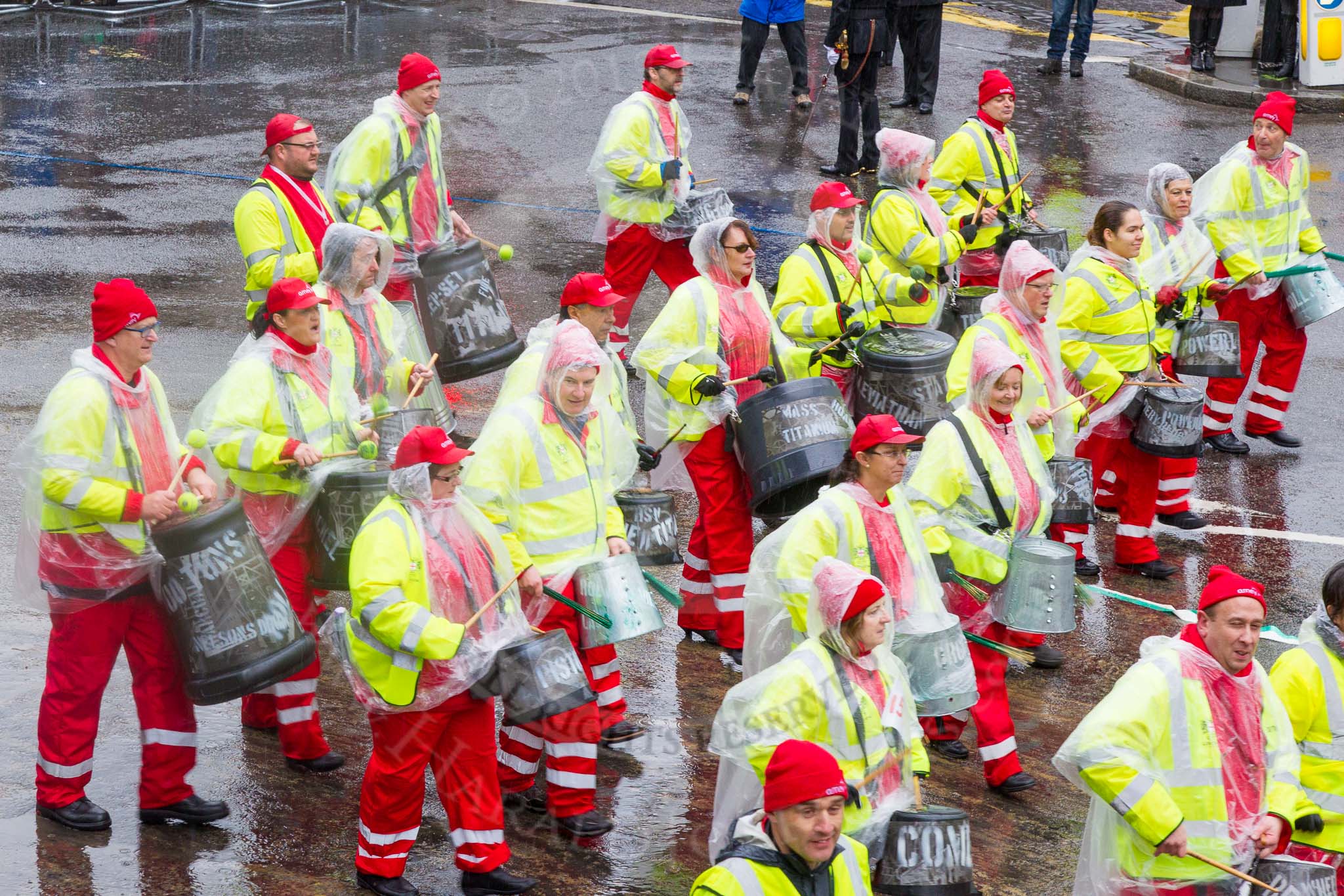 Lord Mayor's Show 2013: 59-Recycling in the City- The Binbot is joined again by his drumming street sweepers to celebrate 20th anniversary of the City's unique Clean City Awards scheme..
Press stand opposite Mansion House, City of London,
London,
Greater London,
United Kingdom,
on 09 November 2013 at 11:31, image #738