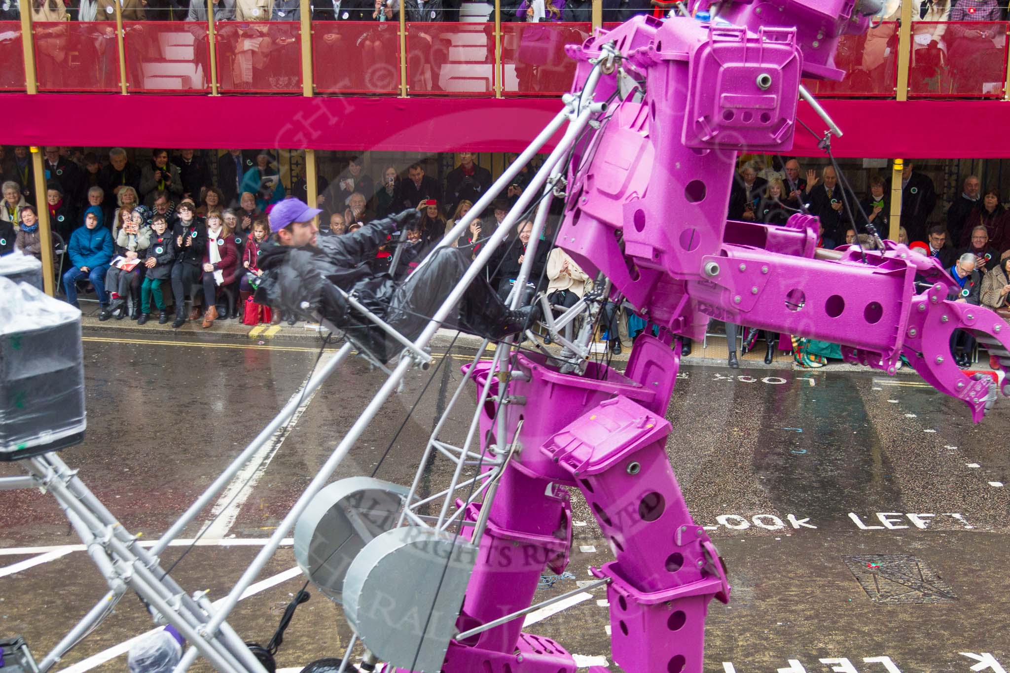 Lord Mayor's Show 2013: 59-Recycling in the City- The Binbot is joined again by his drumming street sweepers to celebrate 20th anniversary of the City's unique Clean City Awards scheme..
Press stand opposite Mansion House, City of London,
London,
Greater London,
United Kingdom,
on 09 November 2013 at 11:32, image #753