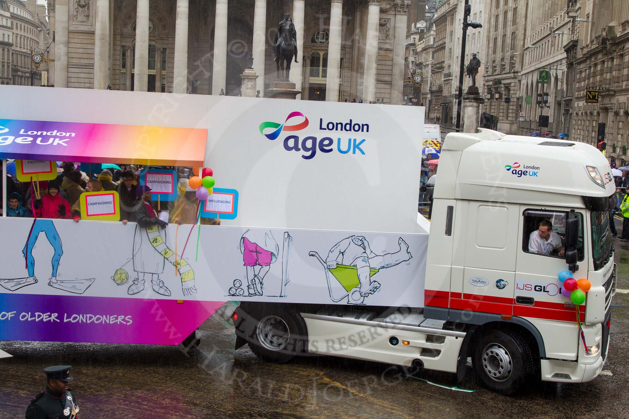Lord Mayor's Show 2013: 71- Age UK London-it works hard to support and enhance local projects and champion the voices of older people at regional level..
Press stand opposite Mansion House, City of London,
London,
Greater London,
United Kingdom,
on 09 November 2013 at 11:39, image #861