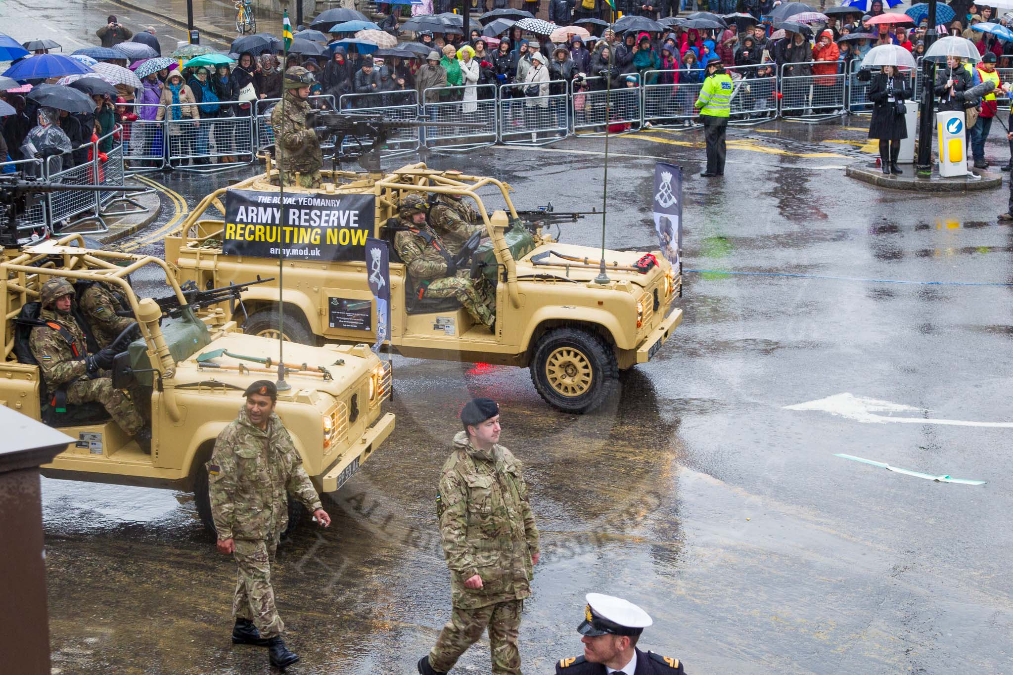 Lord Mayor's Show 2013: 73-The Royal Yeomanry- is London's only Army Reserve Calvary unit.  It use some of the armoured vehicles that you will see in the Show today..
Press stand opposite Mansion House, City of London,
London,
Greater London,
United Kingdom,
on 09 November 2013 at 11:40, image #873