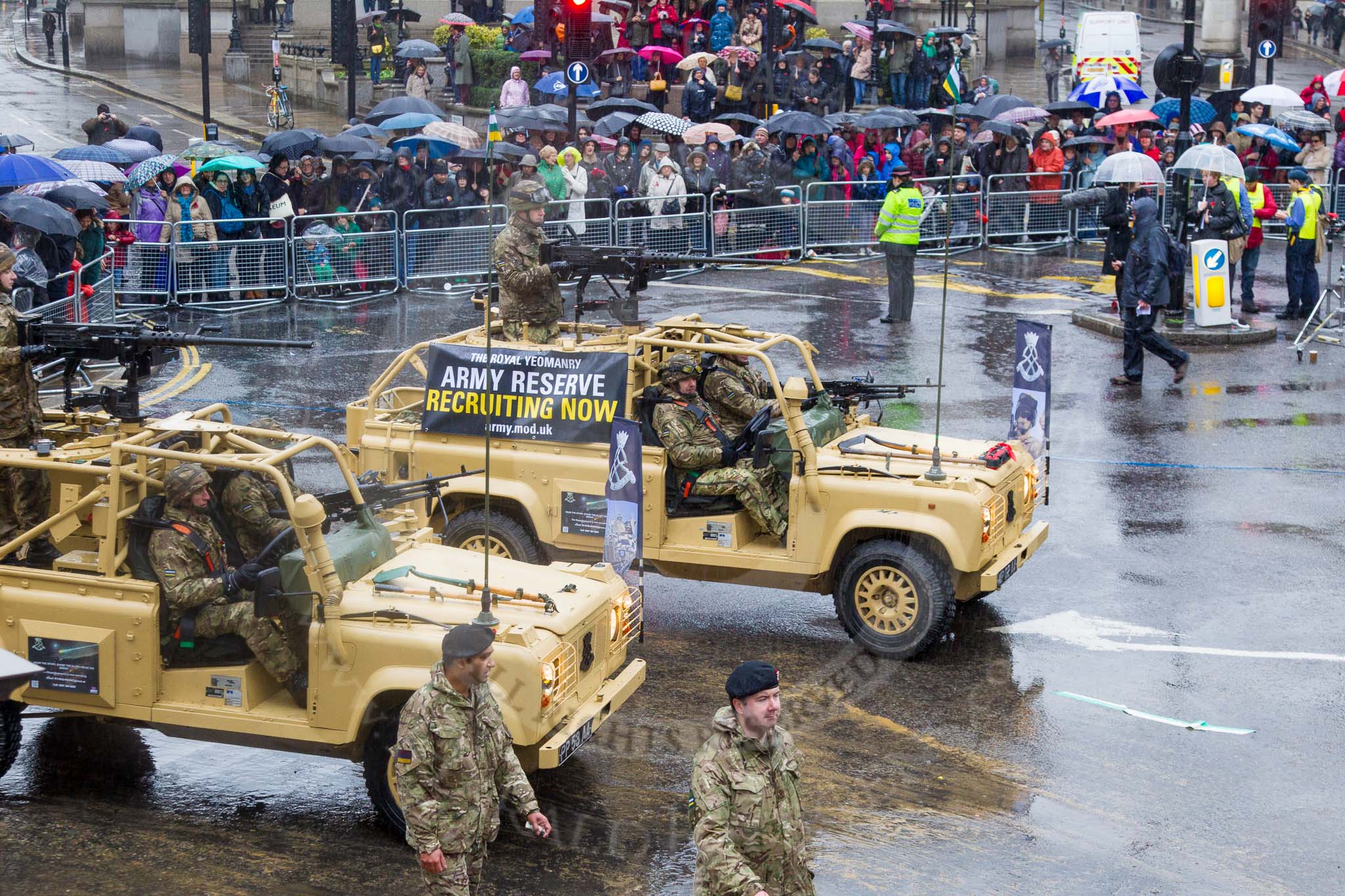 Lord Mayor's Show 2013: 73-The Royal Yeomanry- is London's only Army Reserve Calvary unit.  It use some of the armoured vehicles that you will see in the Show today..
Press stand opposite Mansion House, City of London,
London,
Greater London,
United Kingdom,
on 09 November 2013 at 11:40, image #874