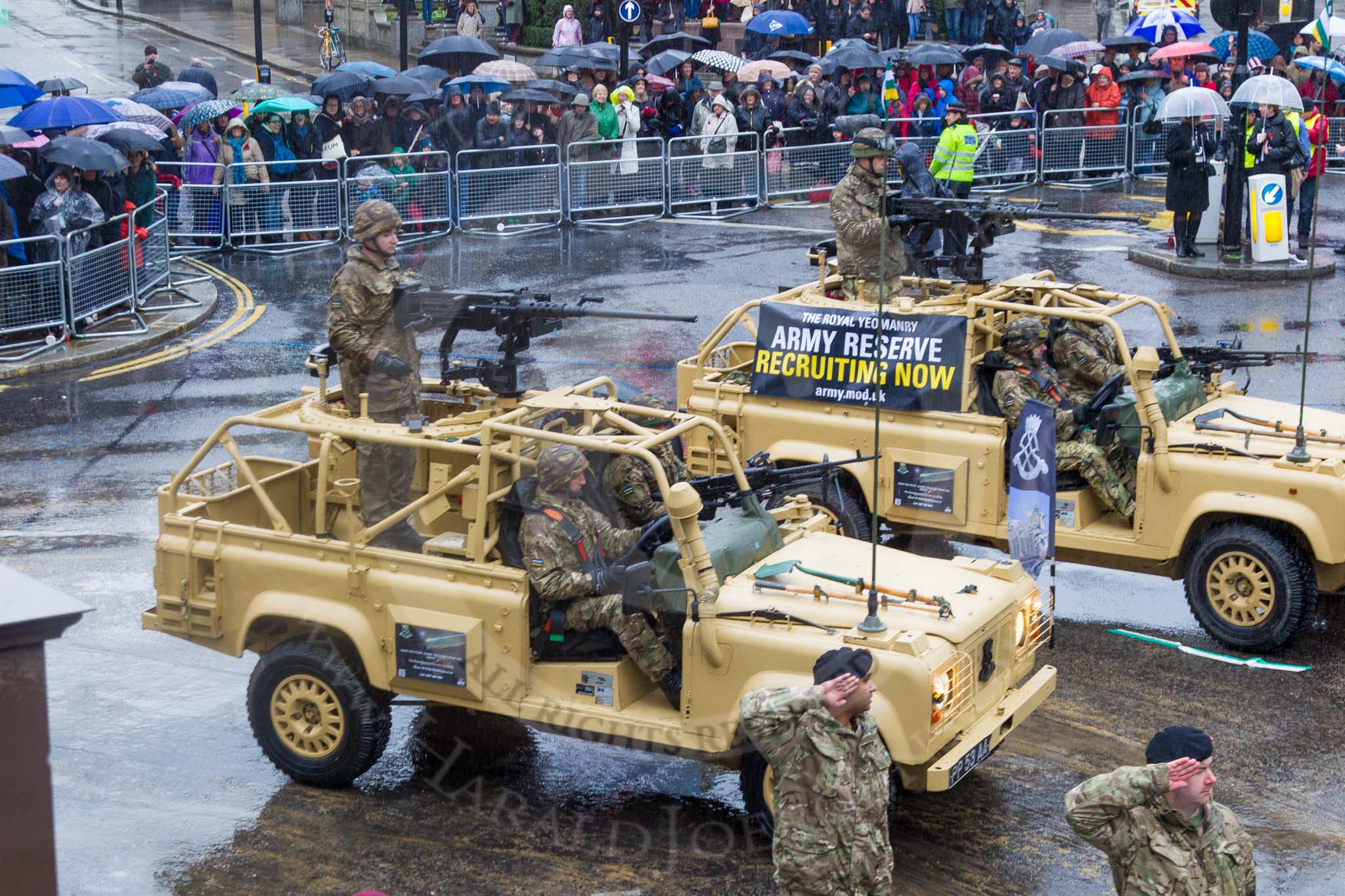Lord Mayor's Show 2013: 73-The Royal Yeomanry- is London's only Army Reserve Calvary unit.  It use some of the armoured vehicles that you will see in the Show today..
Press stand opposite Mansion House, City of London,
London,
Greater London,
United Kingdom,
on 09 November 2013 at 11:40, image #875