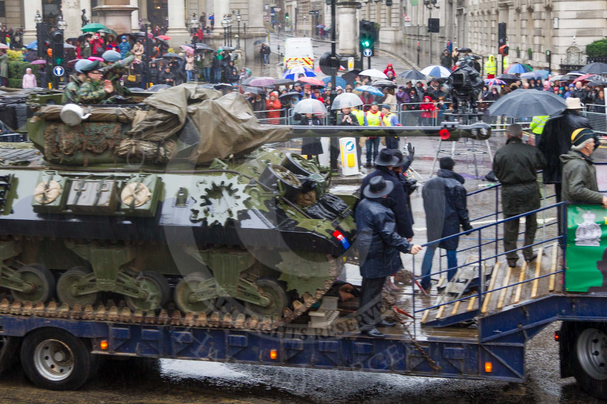 Lord Mayor's Show 2013: 73-The Royal Yeomanry- is London's only Army Reserve Calvary unit.  It use some of the armoured vehicles that you will see in the Show today..
Press stand opposite Mansion House, City of London,
London,
Greater London,
United Kingdom,
on 09 November 2013 at 11:40, image #883