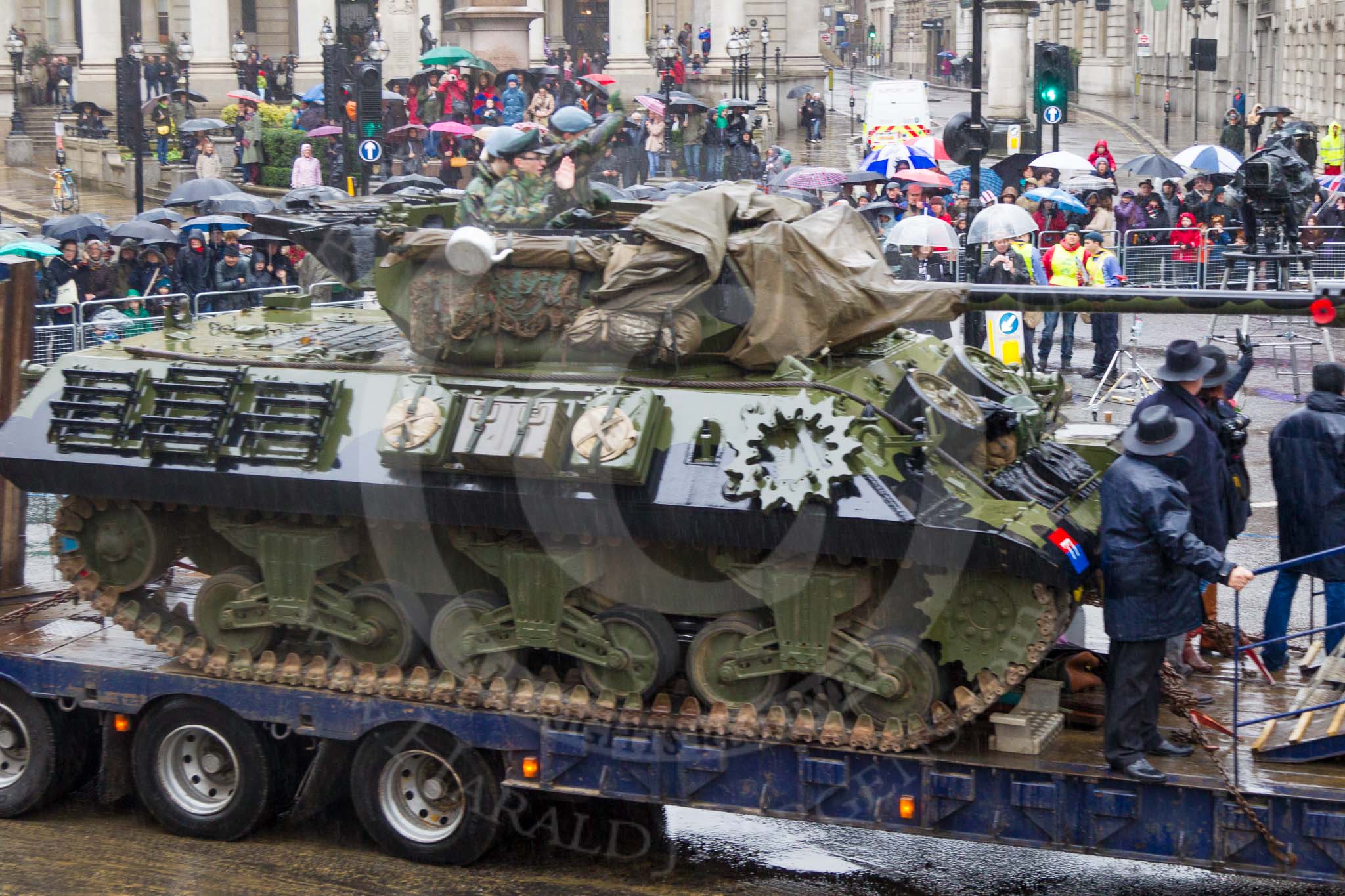 Lord Mayor's Show 2013: 73-The Royal Yeomanry- is London's only Army Reserve Calvary unit.  It use some of the armoured vehicles that you will see in the Show today..
Press stand opposite Mansion House, City of London,
London,
Greater London,
United Kingdom,
on 09 November 2013 at 11:40, image #884