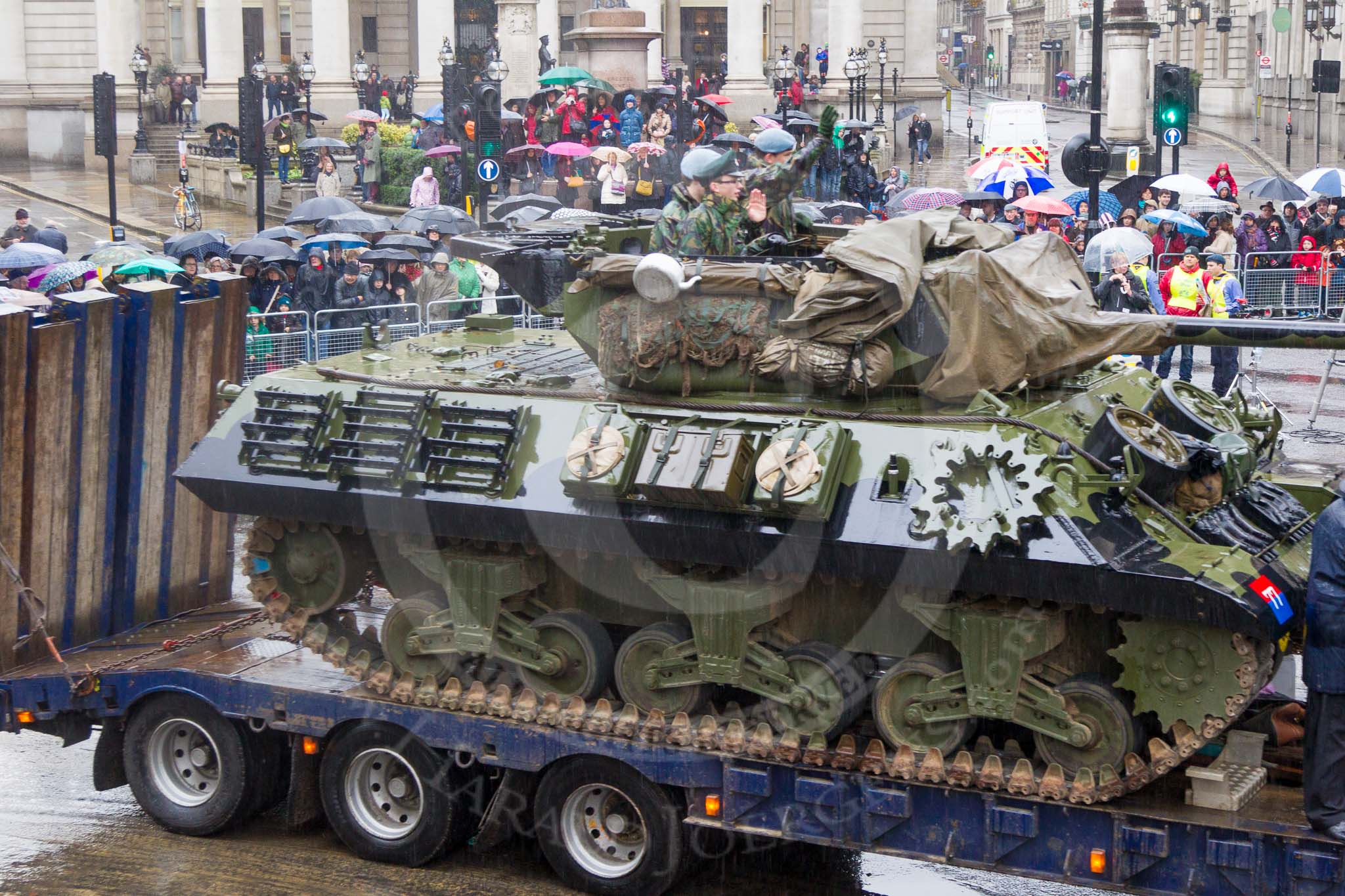 Lord Mayor's Show 2013: 73-The Royal Yeomanry- is London's only Army Reserve Calvary unit.  It use some of the armoured vehicles that you will see in the Show today..
Press stand opposite Mansion House, City of London,
London,
Greater London,
United Kingdom,
on 09 November 2013 at 11:40, image #885