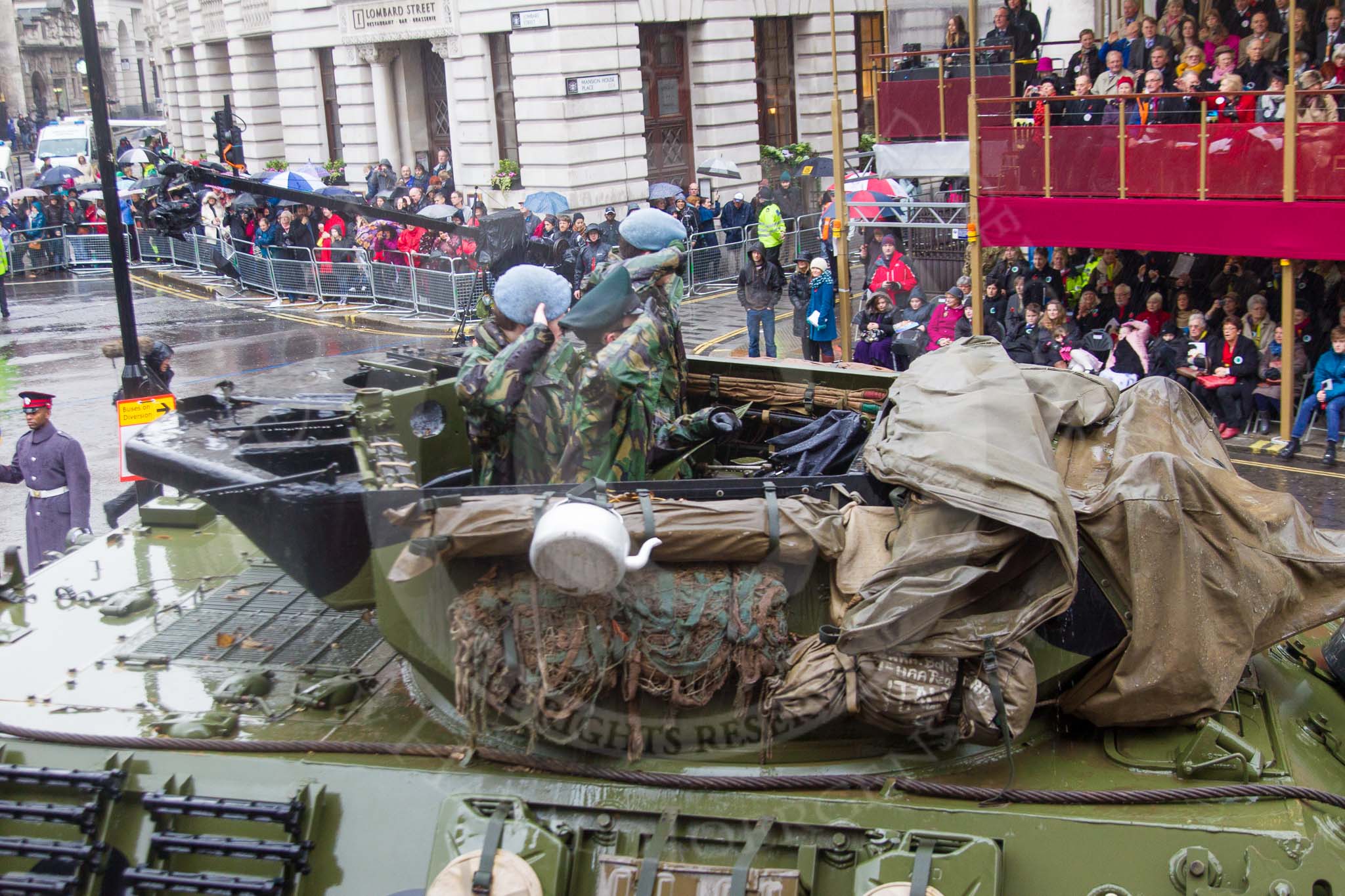Lord Mayor's Show 2013: 73-The Royal Yeomanry- is London's only Army Reserve Calvary unit.  It use some of the armoured vehicles that you will see in the Show today..
Press stand opposite Mansion House, City of London,
London,
Greater London,
United Kingdom,
on 09 November 2013 at 11:41, image #887
