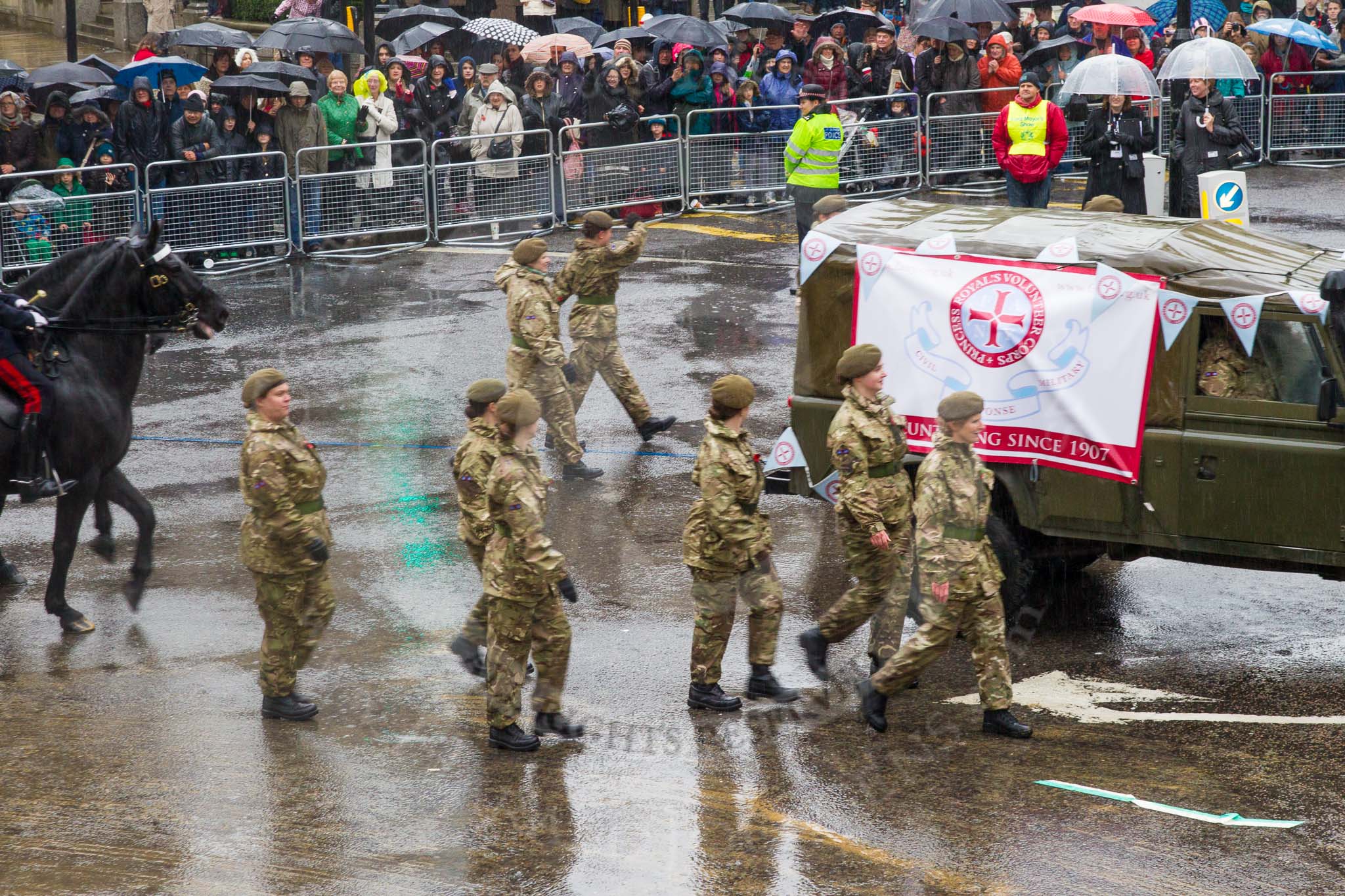 Lord Mayor's Show 2013: 77-First Aid Nursing Yeomanry (The Princess Royal's Volunteer Corps)-was formed in 1907 and is the UK's oldest and most highly decorated uniformed women's organisation. It specialises in emergency respond and training support to the military and civil authorities..
Press stand opposite Mansion House, City of London,
London,
Greater London,
United Kingdom,
on 09 November 2013 at 11:42, image #917