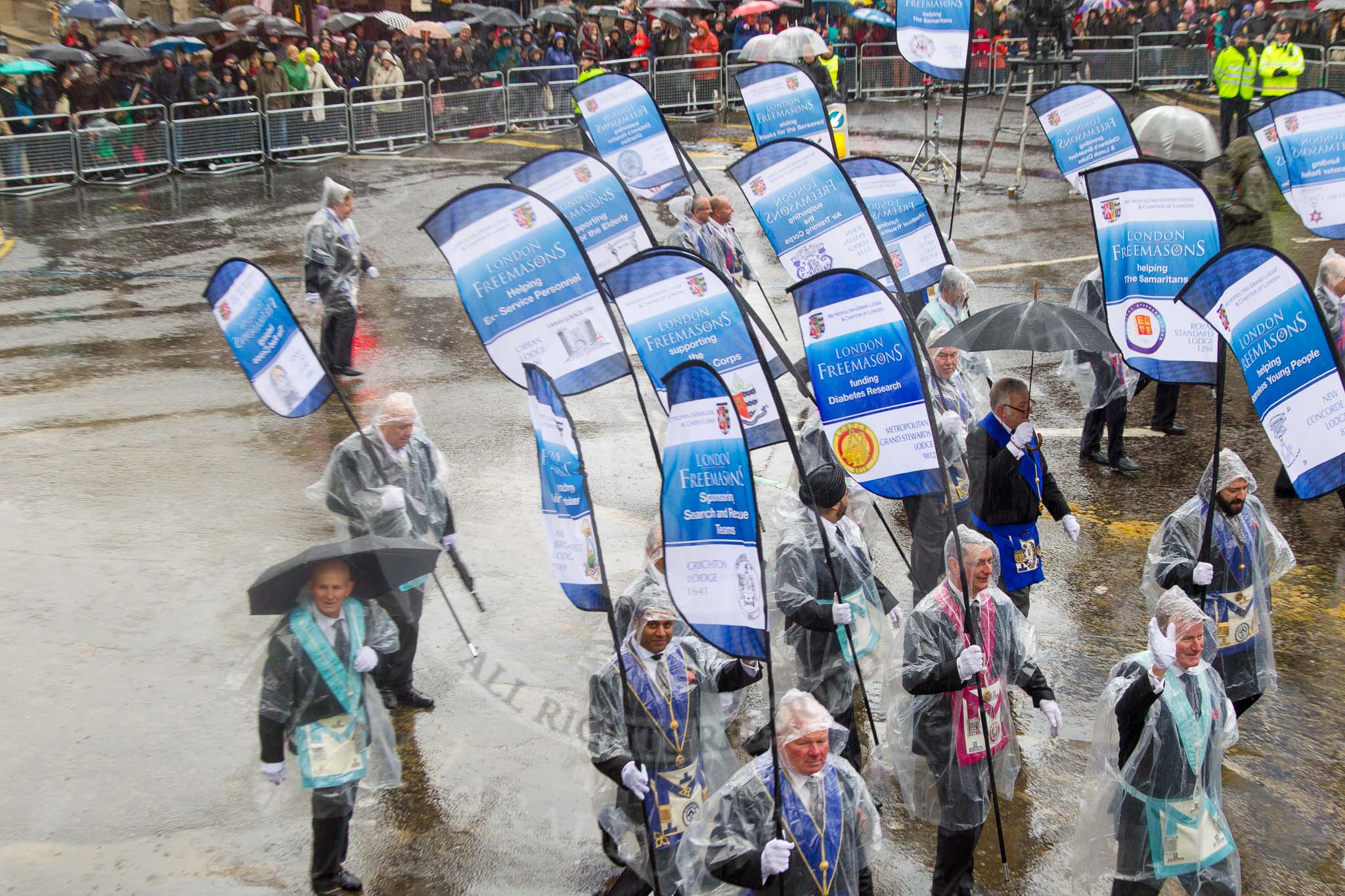 Lord Mayor's Show 2013: 86-Metropolitan Grand Lodge of London-
integrity, honesty and community support are at the heart of Freemasonry..
Press stand opposite Mansion House, City of London,
London,
Greater London,
United Kingdom,
on 09 November 2013 at 11:48, image #1047