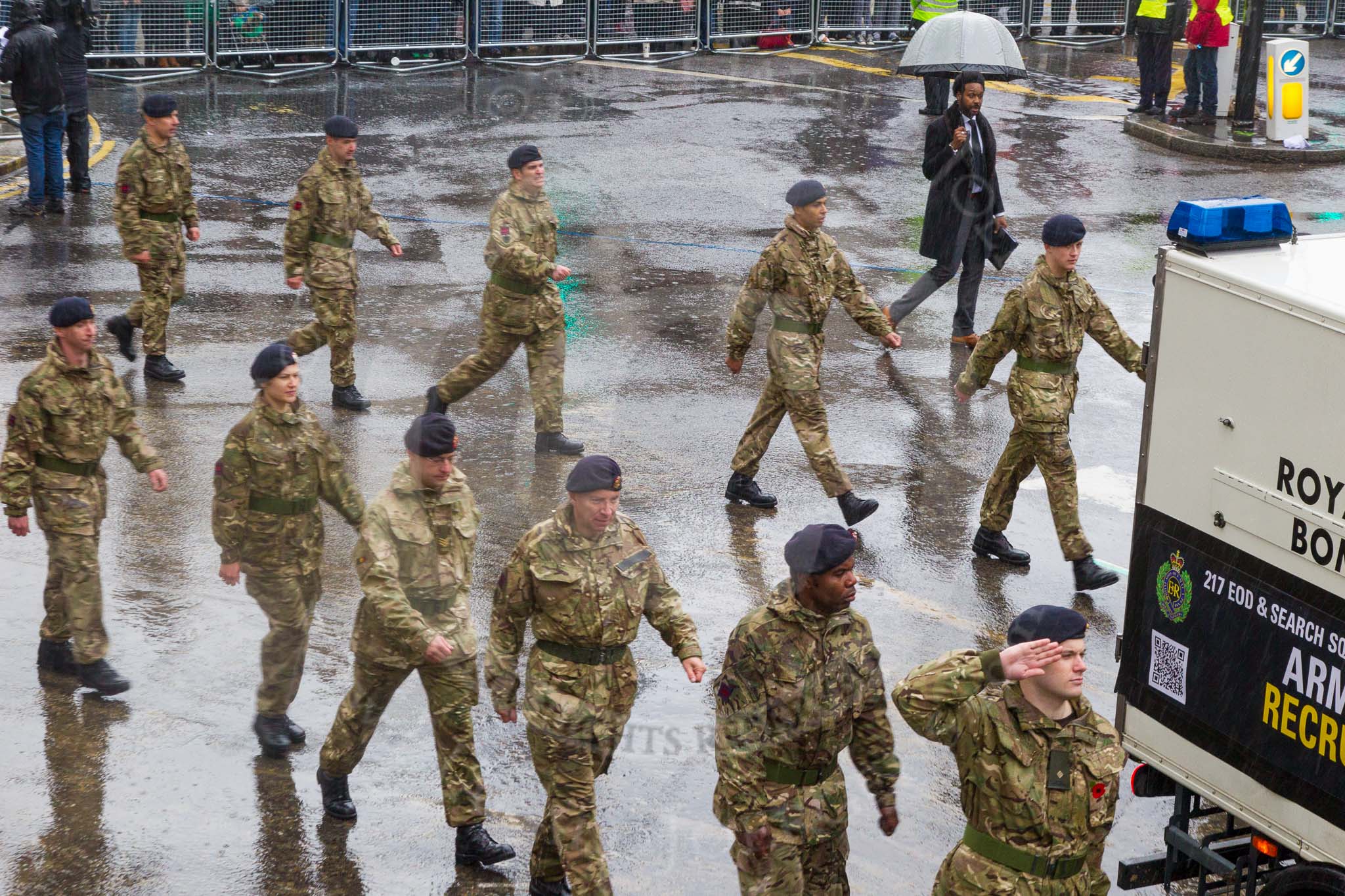 Lord Mayor's Show 2013: 90-217 Squadron 33 Engineer Regiment Royal Engineers- specialising in explosive ordance disposal and high-risk, high-assurance search support..
Press stand opposite Mansion House, City of London,
London,
Greater London,
United Kingdom,
on 09 November 2013 at 11:49, image #1099