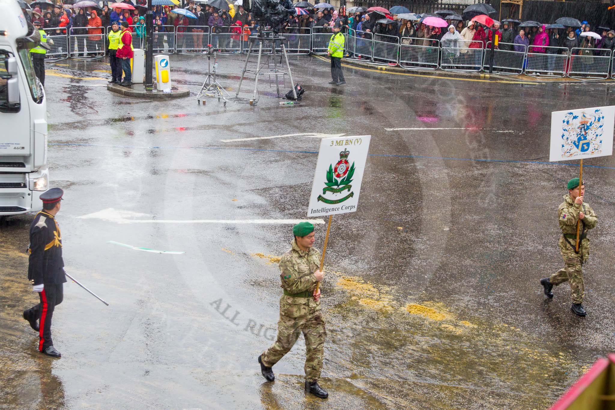 Lord Mayor's Show 2013: 91-3rd Battalion The Intelligence Corps-London's Army Reserve Intelligence Battalion, based in Hackney and Hampstead..
Press stand opposite Mansion House, City of London,
London,
Greater London,
United Kingdom,
on 09 November 2013 at 11:50, image #1114