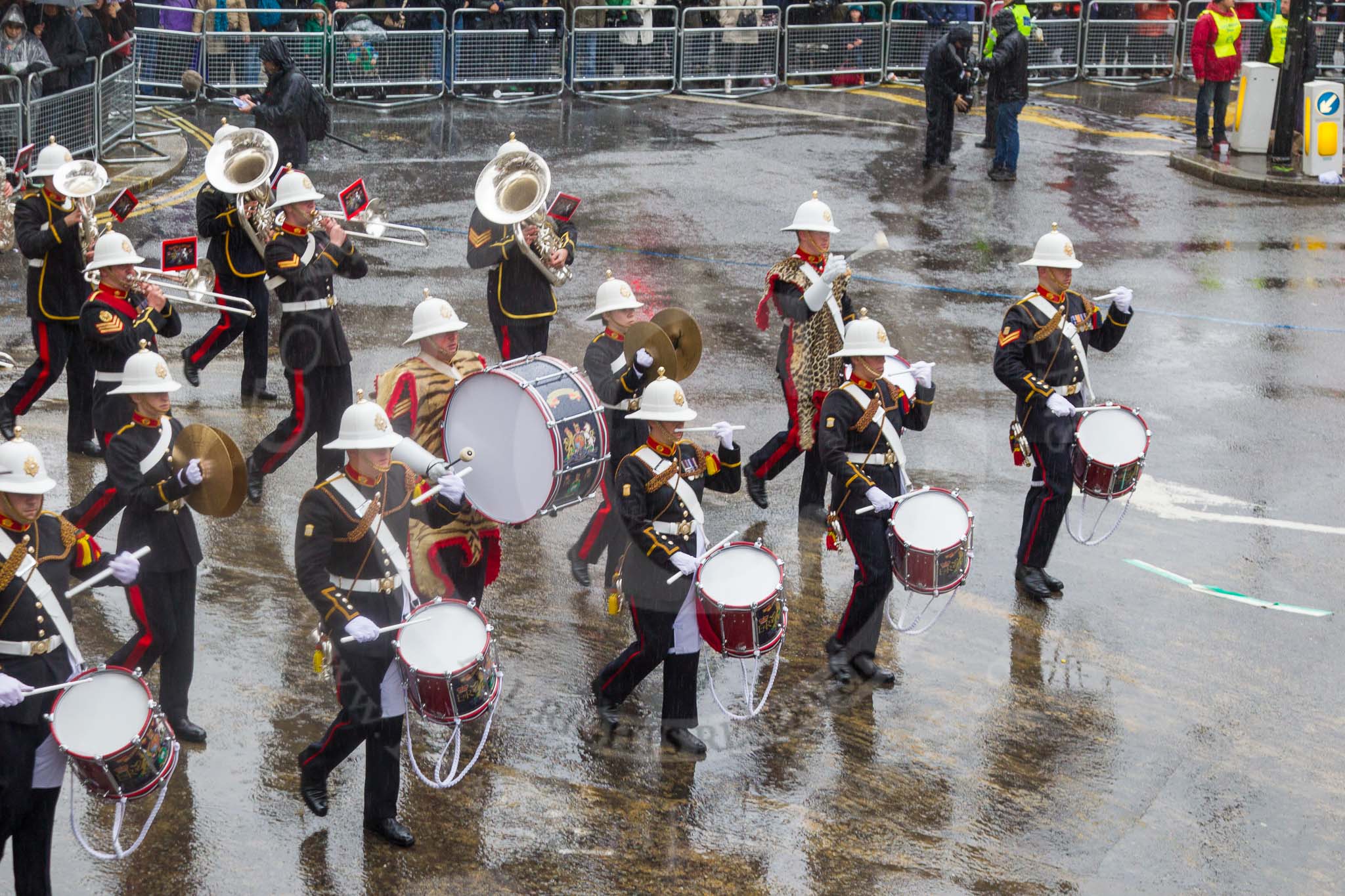 Lord Mayor's Show 2013: 94-Royal Marines Band( HMS Collingwood)-was formed in 2009 and has performed at the Lord Mayor's Show, the Diamong Jubilee, the London 2012 Olympic Games and the subsequent Athlete's Parade..
Press stand opposite Mansion House, City of London,
London,
Greater London,
United Kingdom,
on 09 November 2013 at 11:51, image #1146