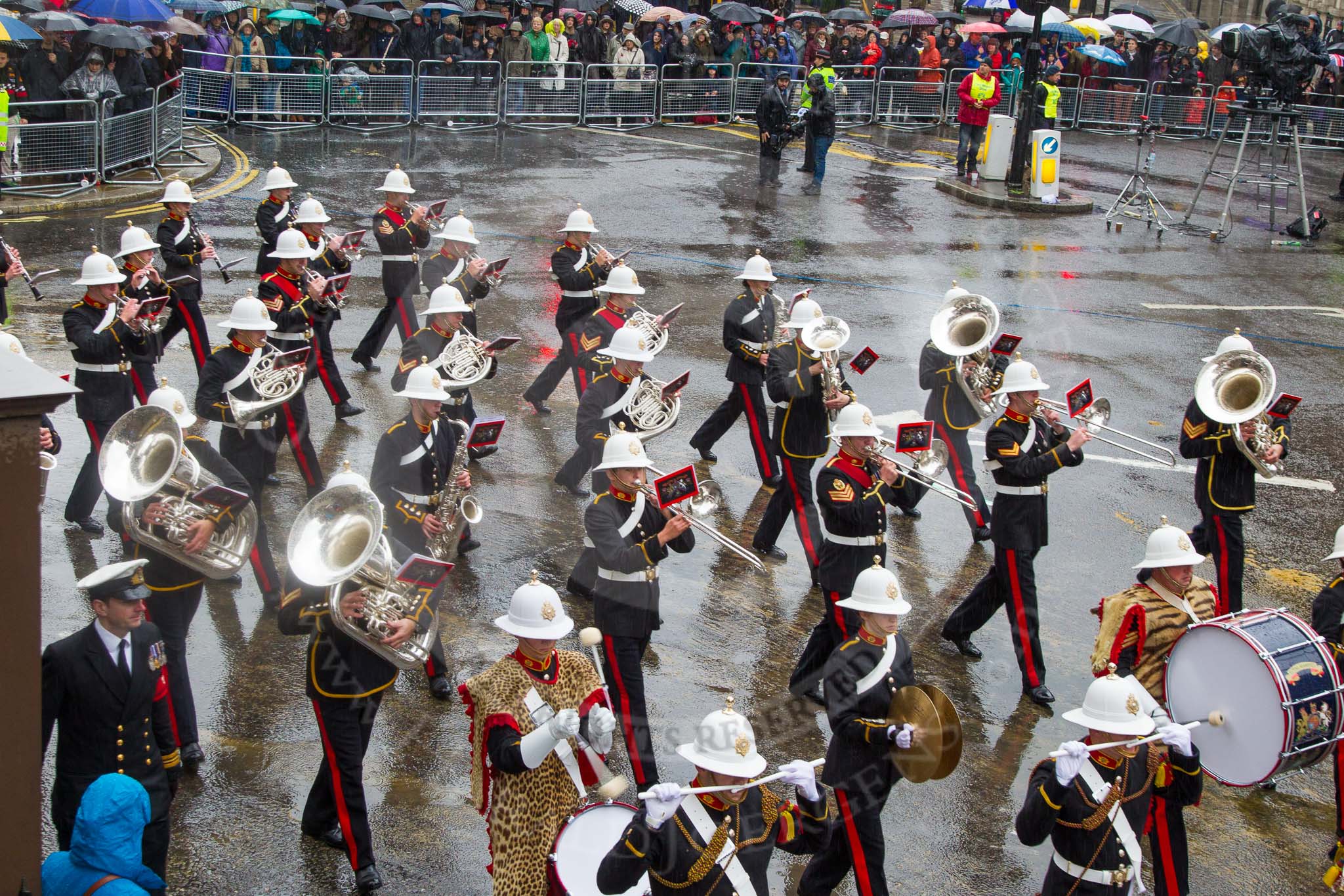 Lord Mayor's Show 2013: 94-Royal Marines Band( HMS Collingwood)-was formed in 2009 and has performed at the Lord Mayor's Show, the Diamong Jubilee, the London 2012 Olympic Games and the subsequent Athlete's Parade..
Press stand opposite Mansion House, City of London,
London,
Greater London,
United Kingdom,
on 09 November 2013 at 11:52, image #1150