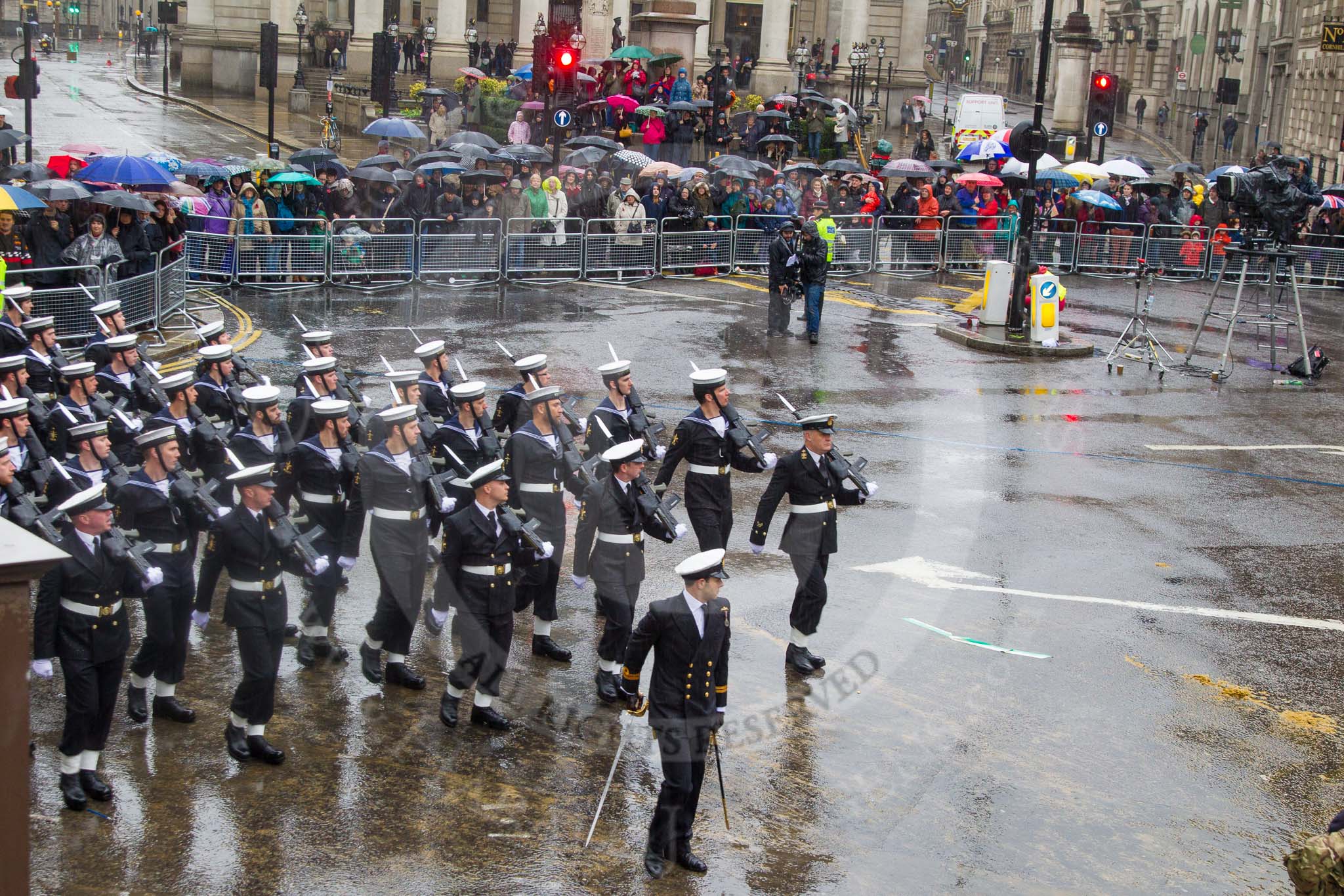 Lord Mayor's Show 2013: 95-Royal Navy (HMS Collingwood)-is home to the Maritime Warfare Scool, which contributes to the operational capability of the Fleet by providing first-class training to all officers and ratings of the Royal Navy..
Press stand opposite Mansion House, City of London,
London,
Greater London,
United Kingdom,
on 09 November 2013 at 11:52, image #1156
