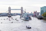 Lord Mayor's Show 2013: The Lord Mayor's flotilla approaching Tower Bridge, the bridge being raised in honour of the Lord Mayor, who's also Admiral of the Port of London. On the right HMS Belfast. Photo: Mike Garland..




on 09 November 2013 at 09:22, image #45