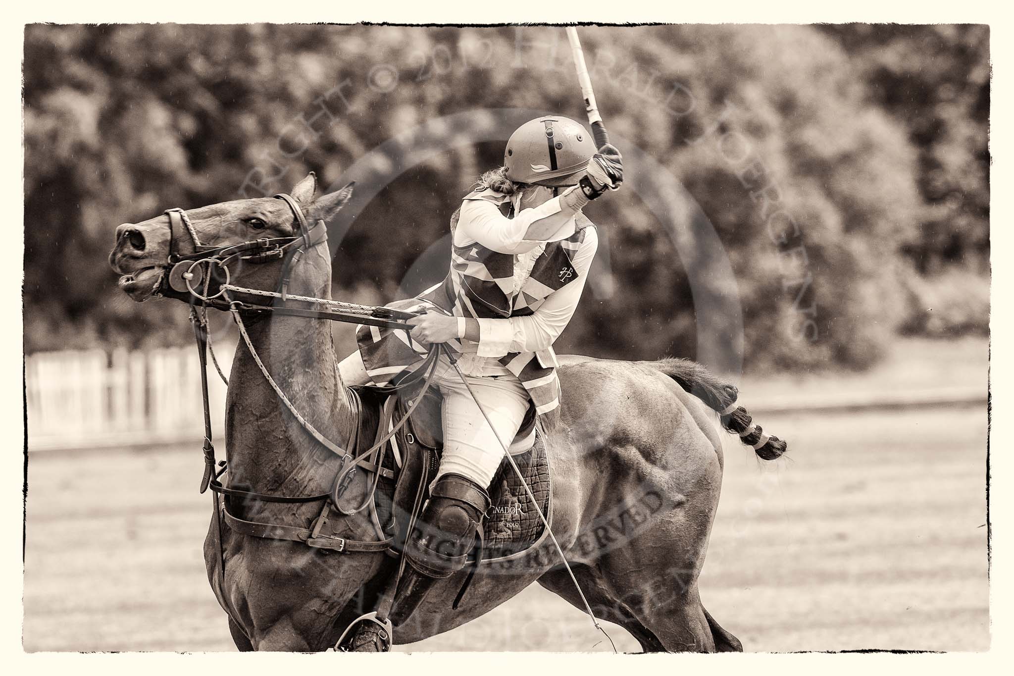 7th Heritage Polo Cup semi-finals: Sarah Wisman looking back swinging through the nearside back..
Hurtwood Park Polo Club,
Ewhurst Green,
Surrey,
United Kingdom,
on 04 August 2012 at 13:35, image #159