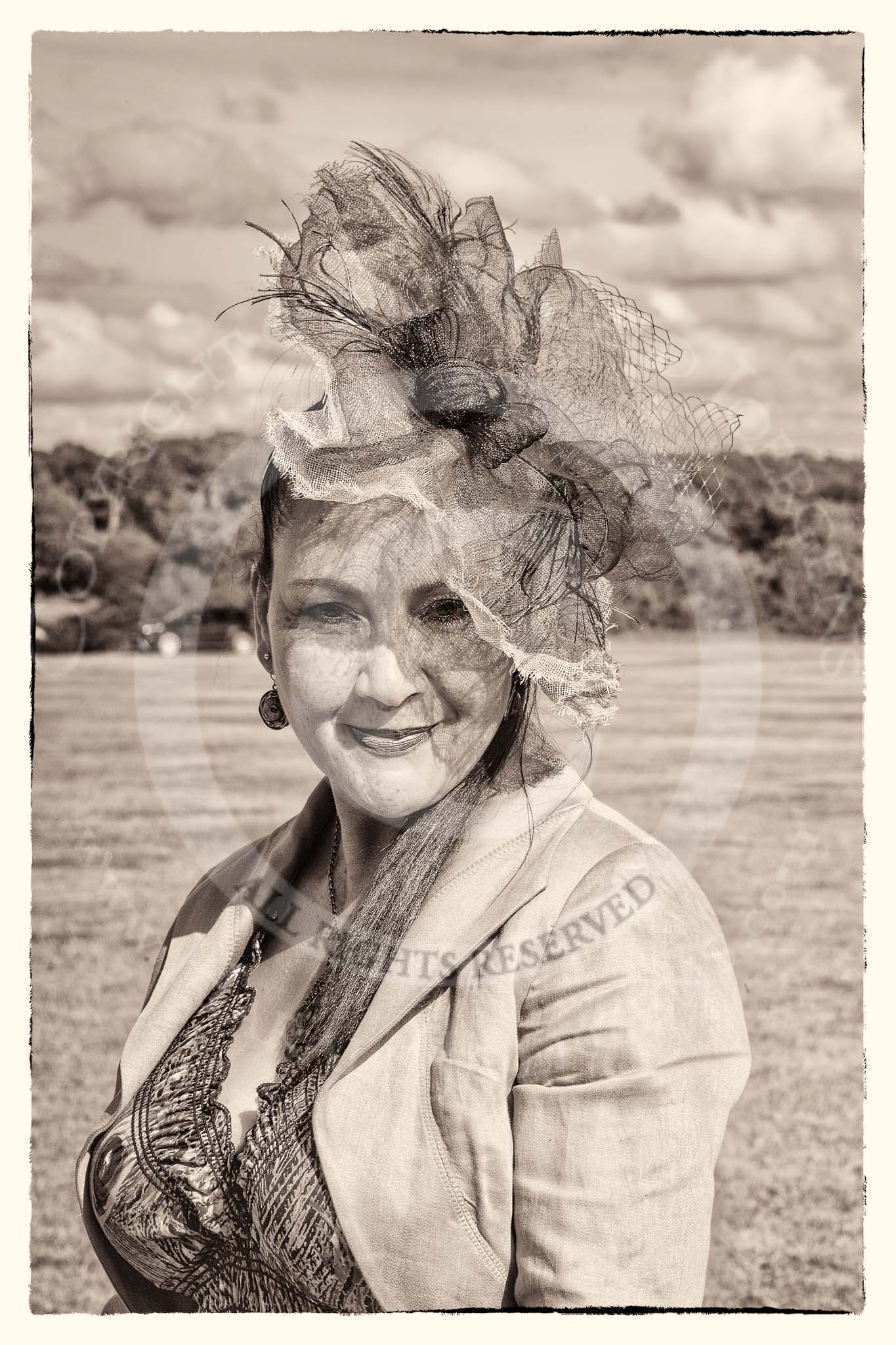 7th Heritage Polo Cup finals: Jennifer Cattlin wearing one of her Millinery Creations 2012..
Hurtwood Park Polo Club,
Ewhurst Green,
Surrey,
United Kingdom,
on 05 August 2012 at 16:47, image #228