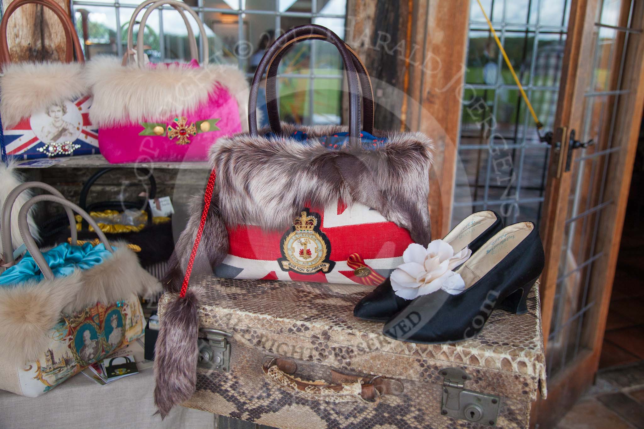 Photo 1208051307415D21392HaraldJoergens 7th Heritage Polo Cup finals: "British Empire"  bespoke handbag of Heritage Polo sponsor Vanilla Rose Designs(www.vanillarosedesigns.com), on display at the clubhouse..
Hurtwood Park Polo Club,
Ewhurst Green,
Surrey,
United Kingdom,
on 05 August 2012 at 13:08, image #6
