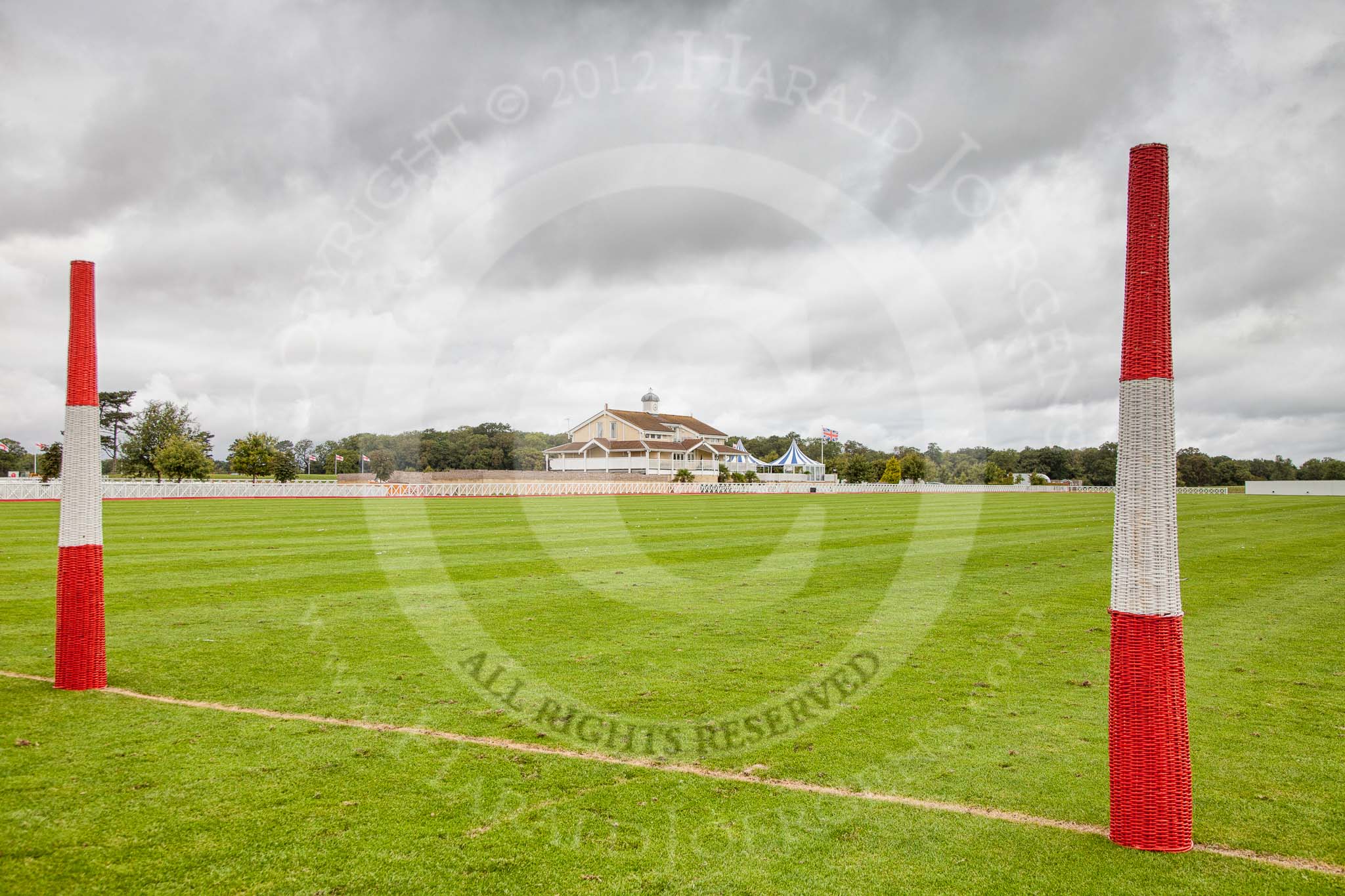 DBPC Polo in the Park 2012: The clubhouse seen from the goal line of the red pitch on the Eastern side of the grounds..
Dallas Burston Polo Club,
Stoneythorpe Estate,
Southam,
Warwickshire,
United Kingdom,
on 16 September 2012 at 09:05, image #8