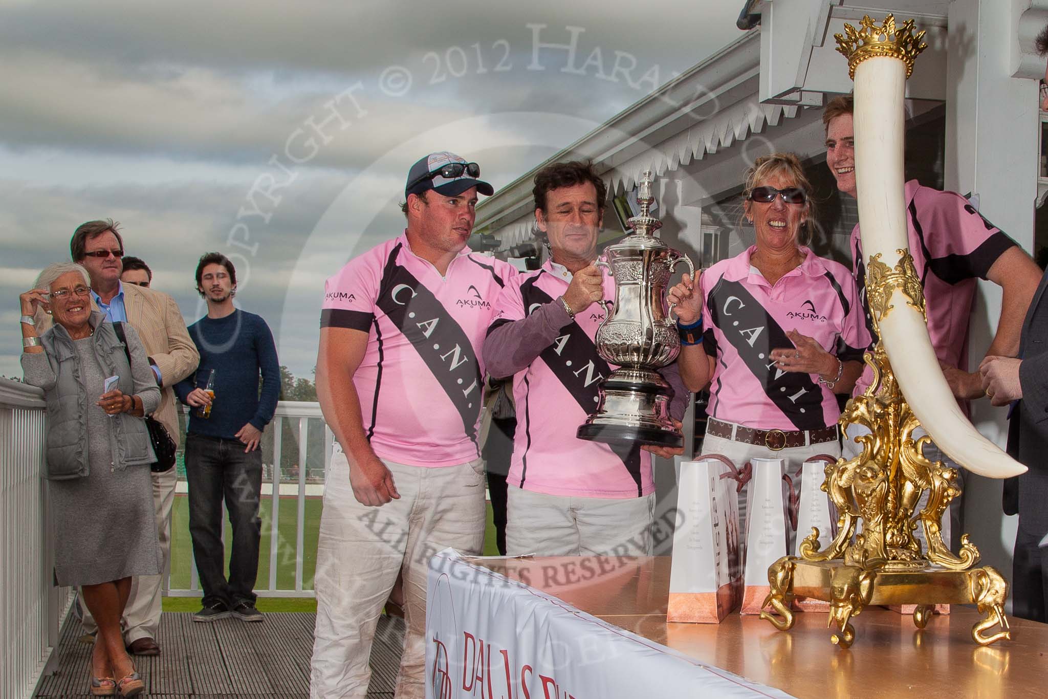 DBPC Polo in the Park 2012: The C.A.N.I. team (Grant Collet, Sebastian Funes, Lousie Jebson and Jamie Potter), the winner of the 4 Goal Tusk Trophy Tournament..
Dallas Burston Polo Club,
Stoneythorpe Estate,
Southam,
Warwickshire,
United Kingdom,
on 16 September 2012 at 16:40, image #252