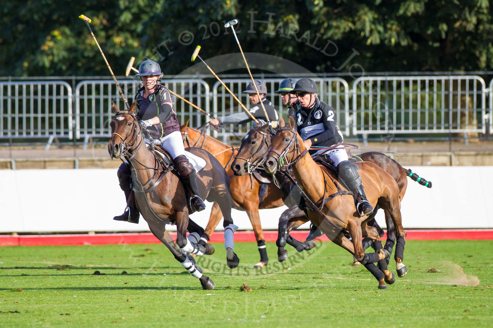 Photo 1209161706211D47004HaraldJoergens DBPC Polo in the Park 2012: Rigby & Rigby #1, Jenny Rigby. Behind her La Golondrina #4, Matias Carrique, Rigby & Rigby #2, Steve Rigby, and La Golondrina #2, Paul Oberschneider..
Dallas Burston Polo Club,
Stoneythorpe Estate,
Southam,
Warwickshire,
United Kingdom,
on 16 September 2012 at 17:06, image #269