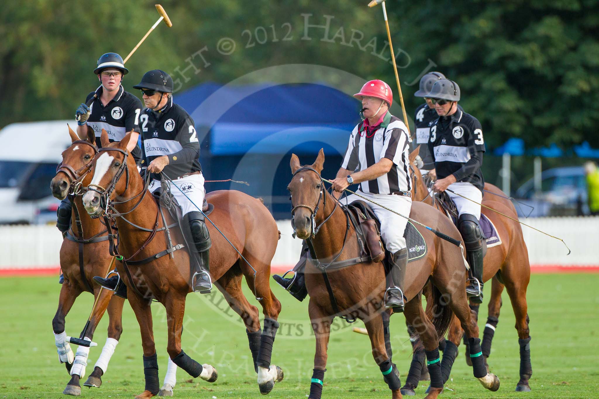 Photo 1209161721351D47040HaraldJoergens DBPC Polo in the Park 2012: La Golondrina #1, Hugo Davis, #2, Paul Oberschneider, #4, Matias Carrique, and #3, Pedro Harrison, with umpire Martin Fewster..
Dallas Burston Polo Club,
Stoneythorpe Estate,
Southam,
Warwickshire,
United Kingdom,
on 16 September 2012 at 17:21, image #272