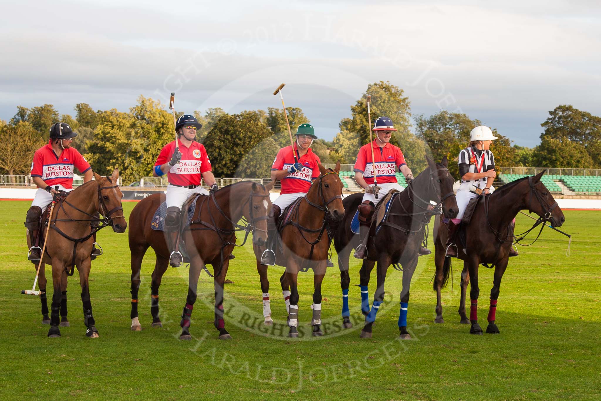 DBPC Polo in the Park 2012: Will Wood, Mark Weller, Captain William Mawby, Major Robert Skeggs, and umpire Barbara Zingg..
Dallas Burston Polo Club,
Stoneythorpe Estate,
Southam,
Warwickshire,
United Kingdom,
on 16 September 2012 at 18:15, image #318