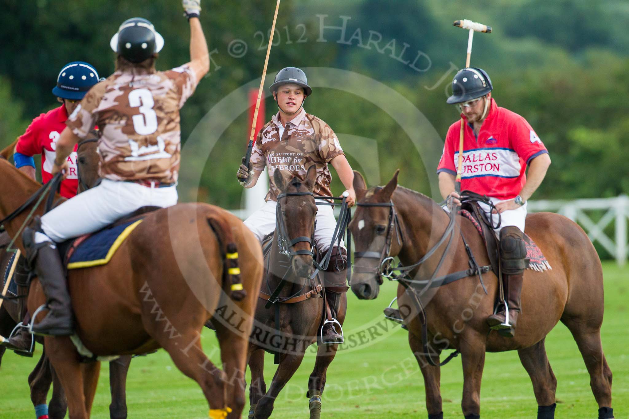 DBPC Polo in the Park 2012: Royal Artillery #3. Karl-Ude Martinez, DBPC #3, Mark Weller, Royal Artillery #2, Alex Vent, and DBPC #4, Will Wood..
Dallas Burston Polo Club,
Stoneythorpe Estate,
Southam,
Warwickshire,
United Kingdom,
on 16 September 2012 at 18:30, image #322